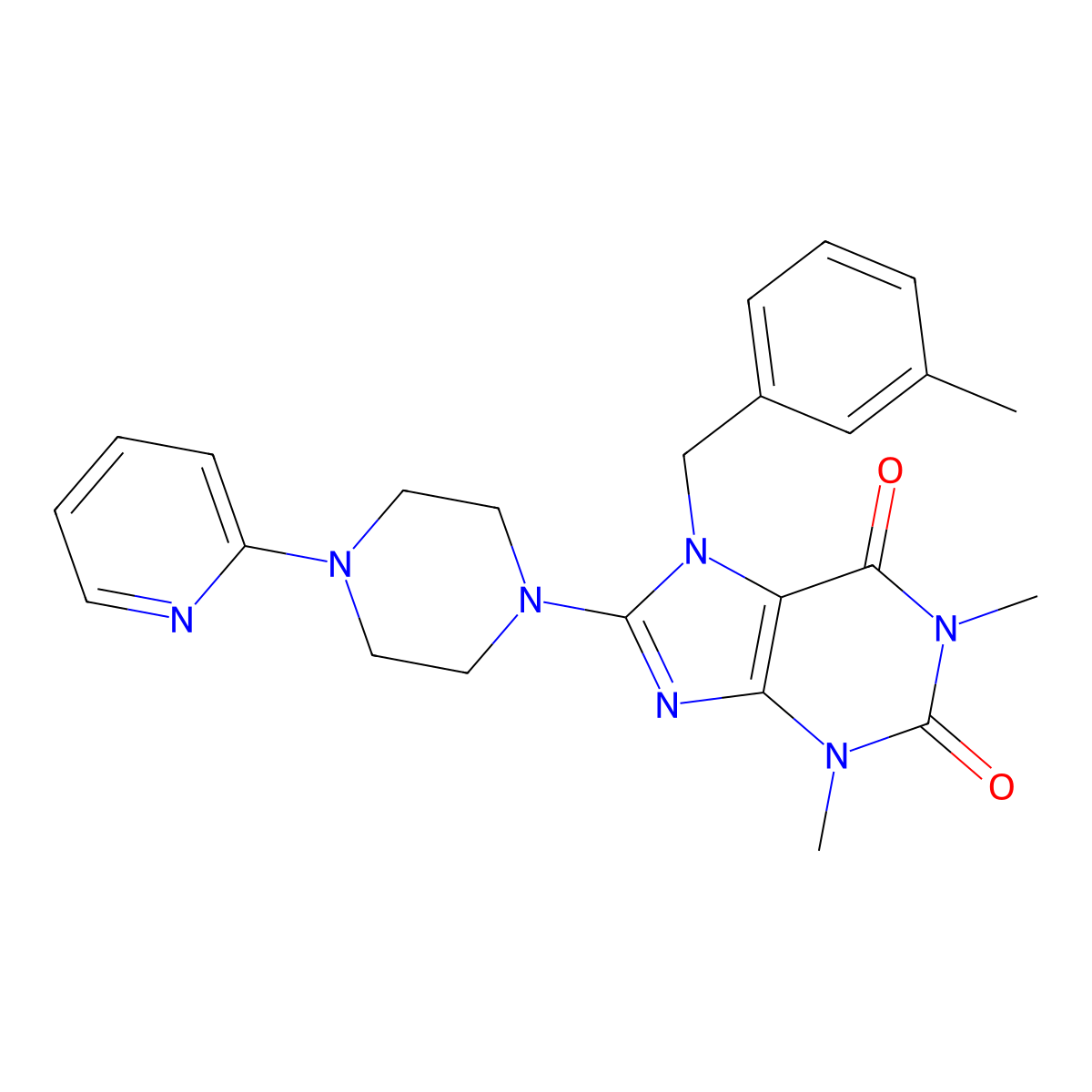 1,3-dimethyl-7-(3-methylbenzyl)-8-[4-(pyridin-2-yl)piperazin-1-yl]-3,7-dihydro-1H-purine-2,6-dione molecular structure, CAS 652165-90-7