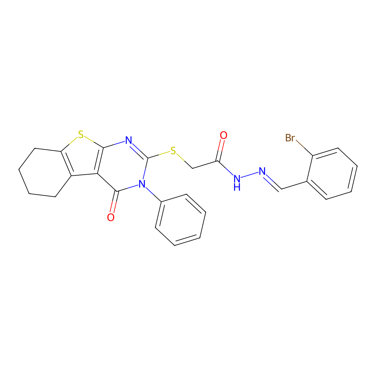 N-[(2-bromophenyl)methylideneamino]-2-[(4-oxo-3-phenyl-5,6,7,8-tetrahydro-[1]benzothiolo[2,3-d]pyrimidin-2-yl)sulfanyl]acetamide molecular structure, CAS 6524-40-9