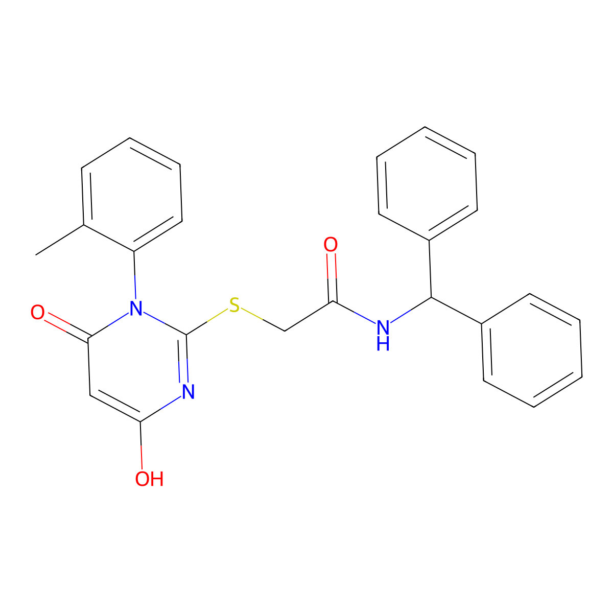 N-(Diphenylmethyl)-2-{[6-hydroxy-1-(2-methylphenyl)-4-oxo-1,4-dihydropyrimidin-2-yl]sulfanyl}acetamide molecular structure, CAS 6532-69-0