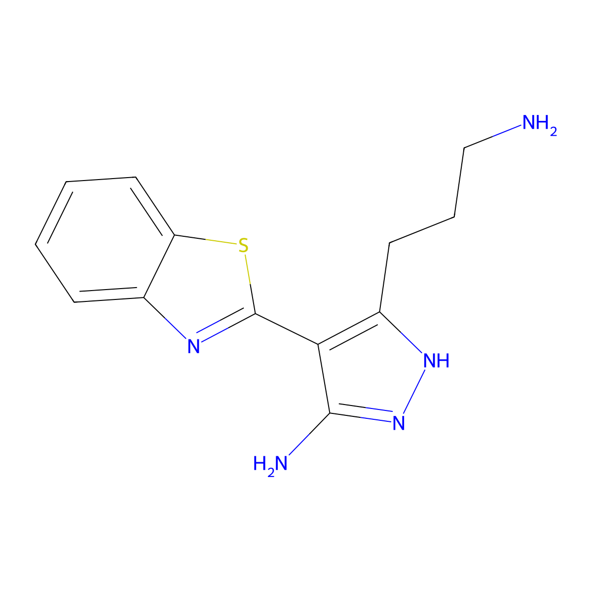 3-(3-aminopropyl)-4-(1,3-benzothiazol-2-yl)-1H-pyrazol-5-amine molecular structure, CAS 654064-84-3
