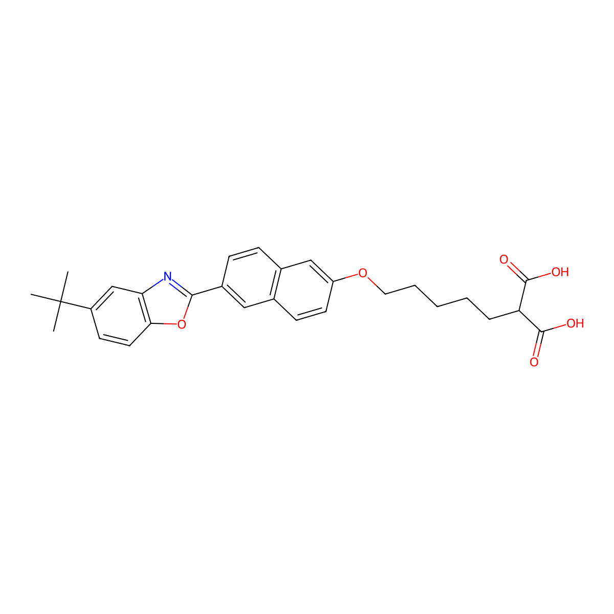 2-(5-(6-(5-tert-Butylbenzo[d]oxazol-2-yl)naphthalen-2-yloxy)pentyl)malonic acid molecular structure, CAS 654080-02-1