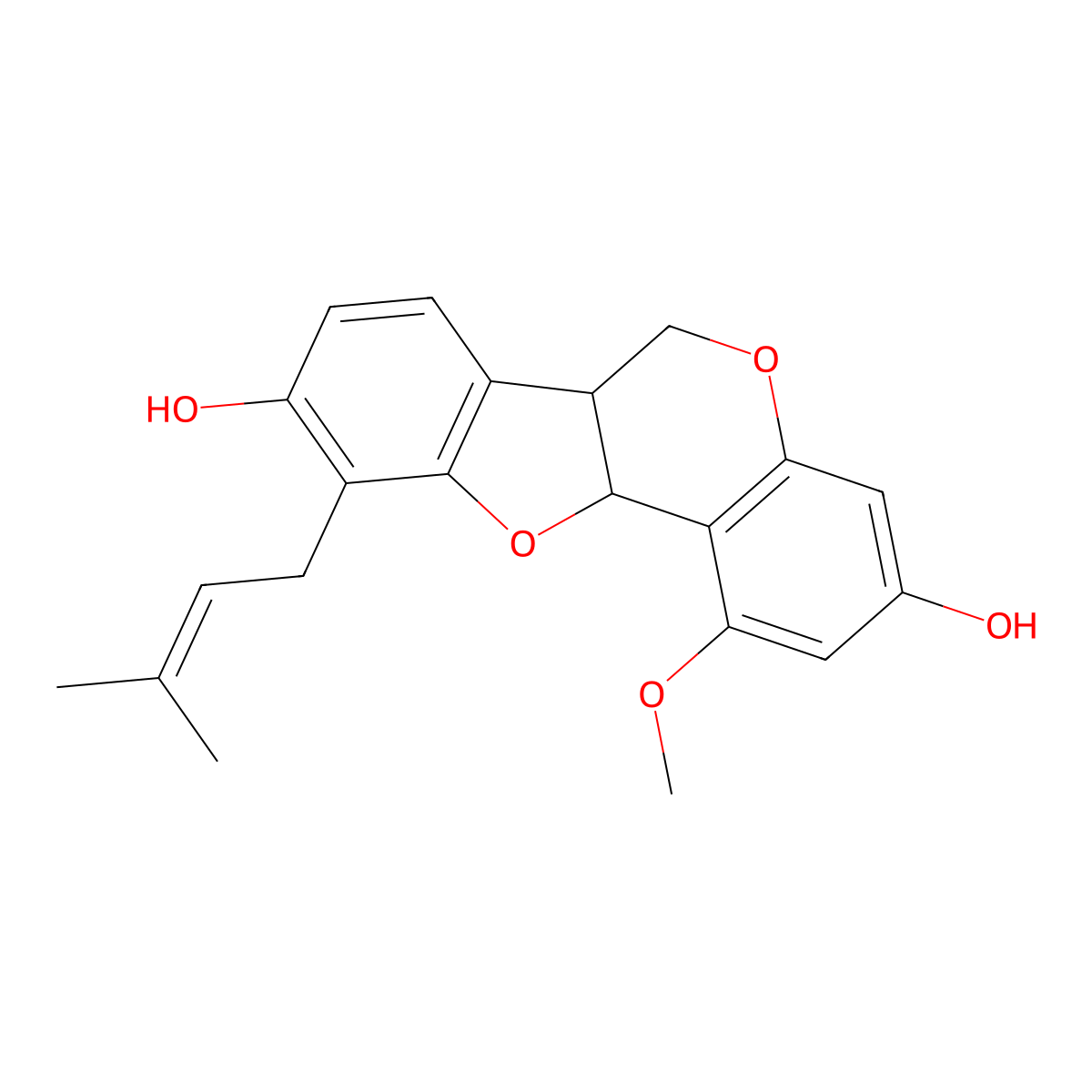 (6aR,11aR)-6a,11a-Dihydro-1-methoxy-10-(3-methyl-2-buten-1-yl)-6H-benzofuro(3,2-c)(1)benzopyran-3,9-diol molecular structure, CAS 65428-13-9