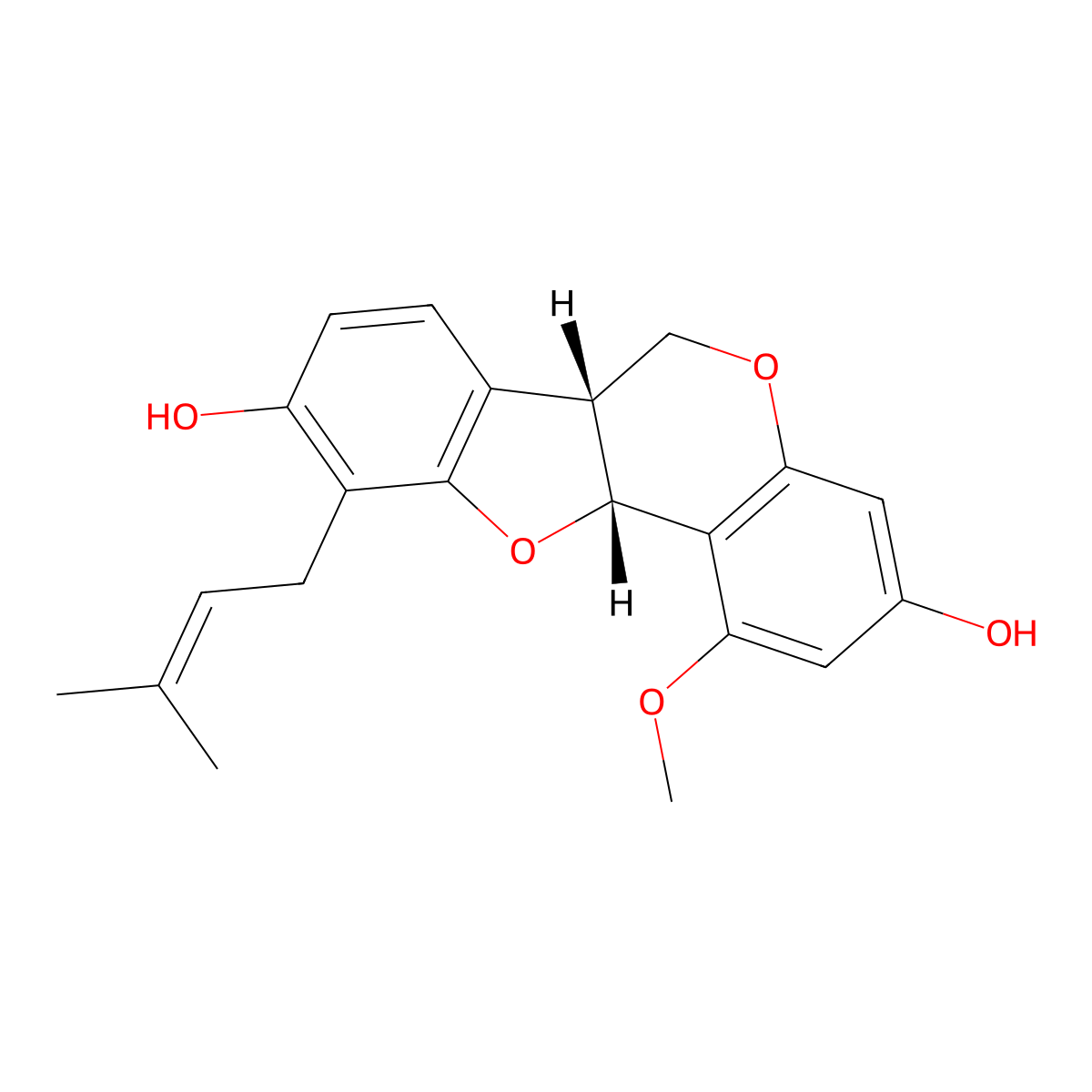 (6aR,11aR)-6a,11a-Dihydro-1-methoxy-10-(3-methyl-2-buten-1-yl)-6H-benzofuro(3,2-c)(1)benzopyran-3,9-diol molecular structure, CAS 65428-13-9