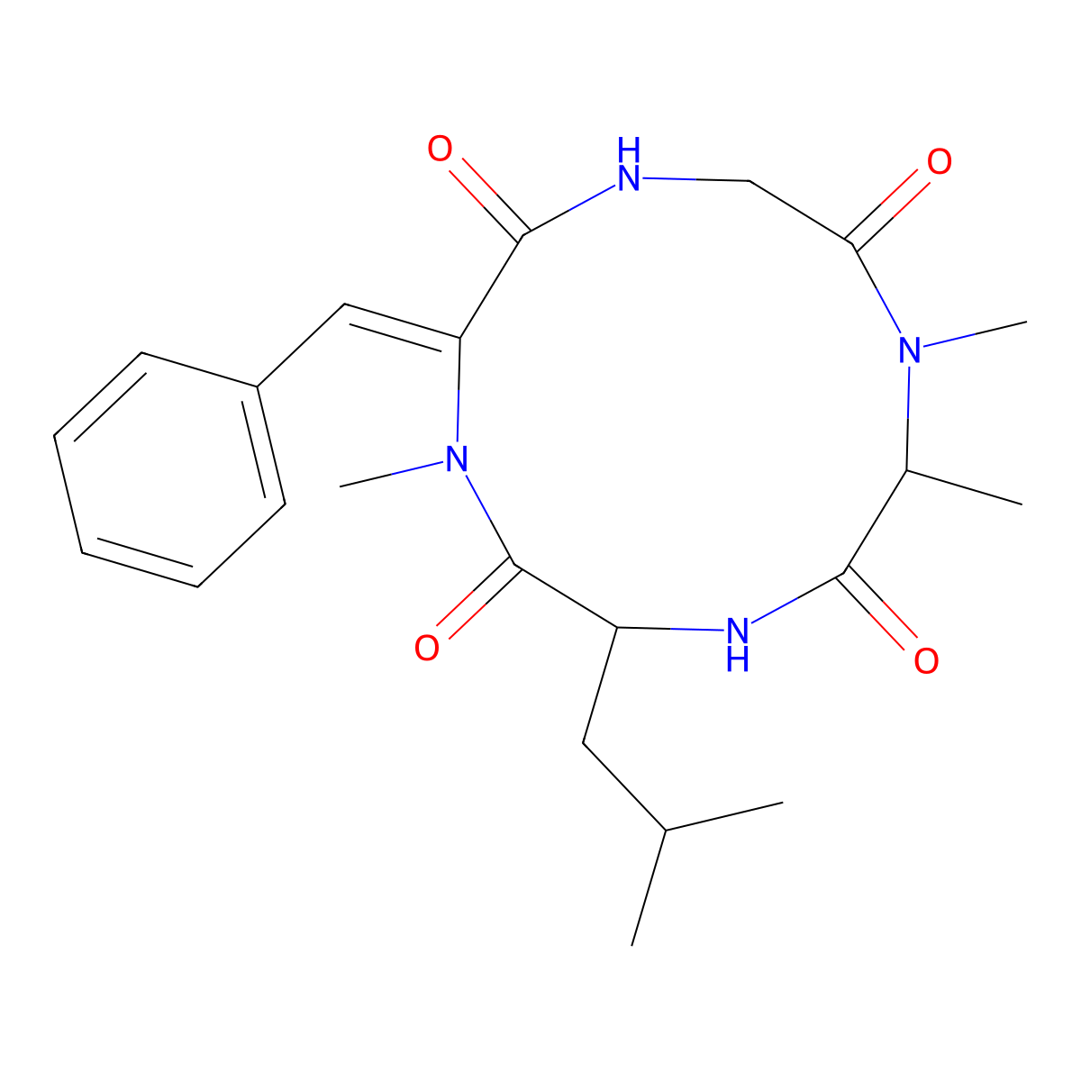 trans-(3S,6S,12E)-12-benzylidene-1,6,7-trimethyl-3-(2-methylpropyl)-1,4,7,10-tetrazacyclododecane-2,5,8,11-tetrone molecular structure, CAS 65452-16-6