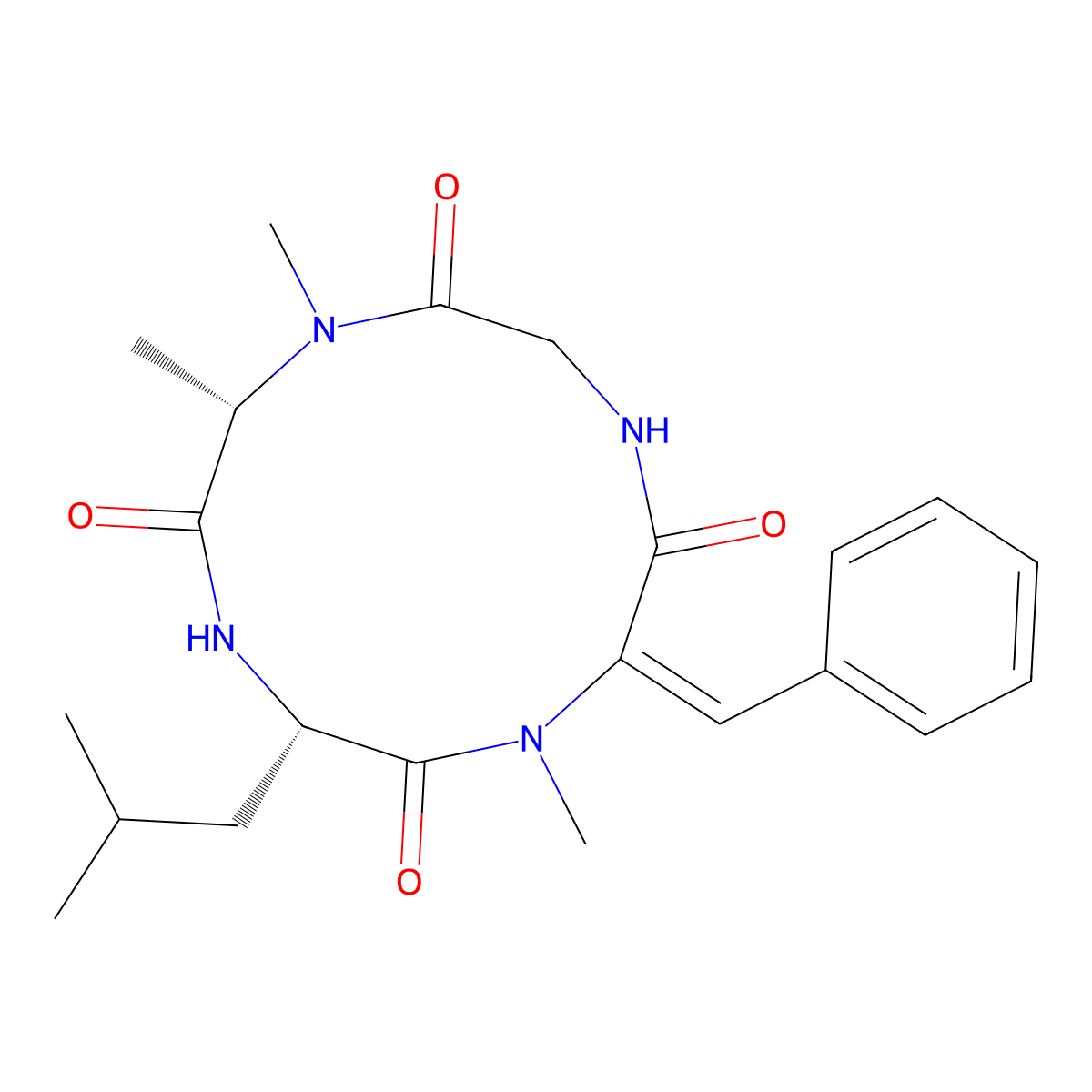 trans-(3S,6S,12E)-12-benzylidene-1,6,7-trimethyl-3-(2-methylpropyl)-1,4,7,10-tetrazacyclododecane-2,5,8,11-tetrone molecular structure, CAS 65452-16-6
