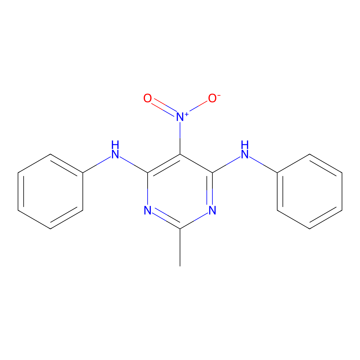 2-methyl-5-nitro-N4,N6-diphenylpyrimidine-4,6-diamine molecular structure, CAS 654633-75-7