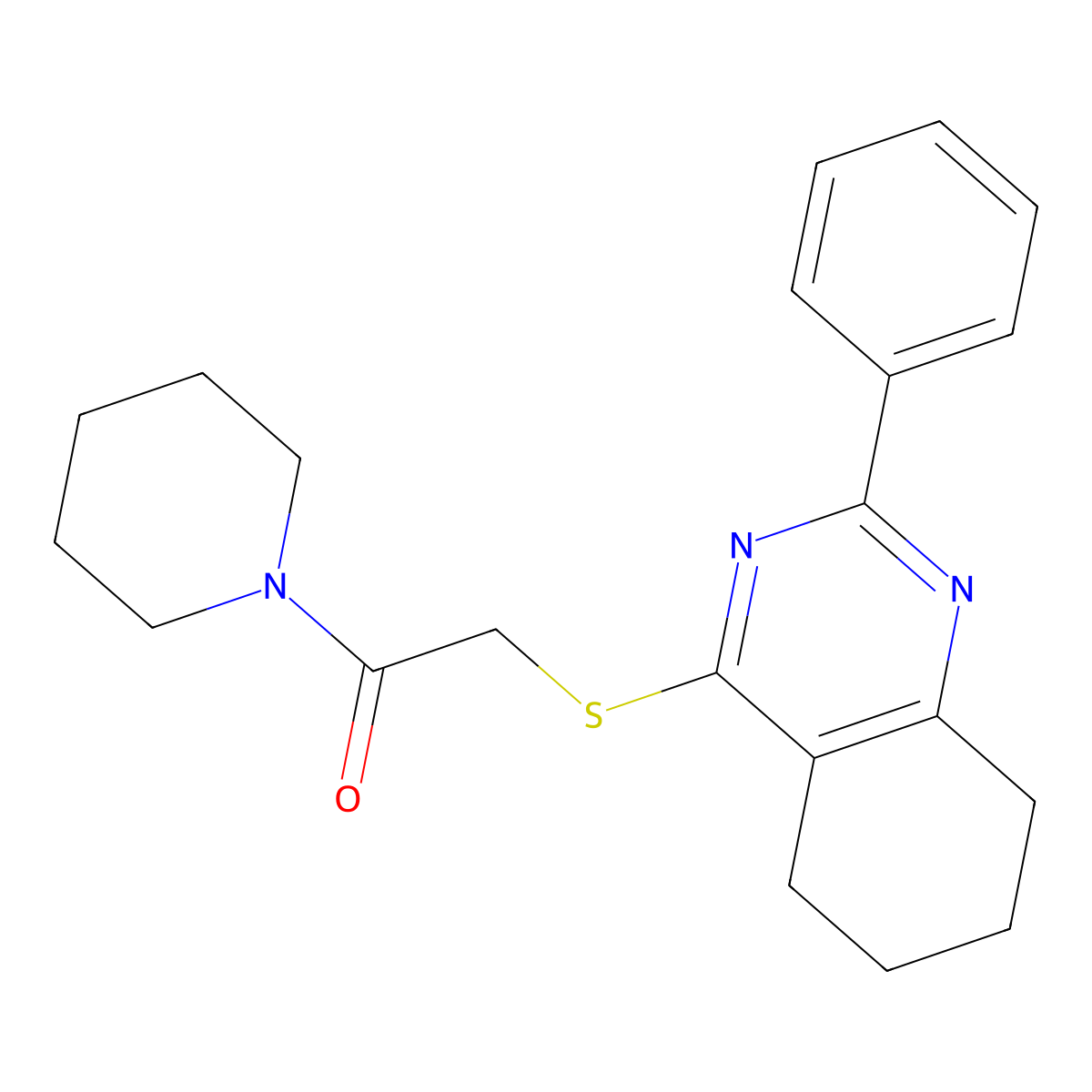 2-((2-Phenyl-5,6,7,8-tetrahydroquinazolin-4-yl)thio)-1-(piperidin-1-yl)ethanone molecular structure, CAS 654635-86-6
