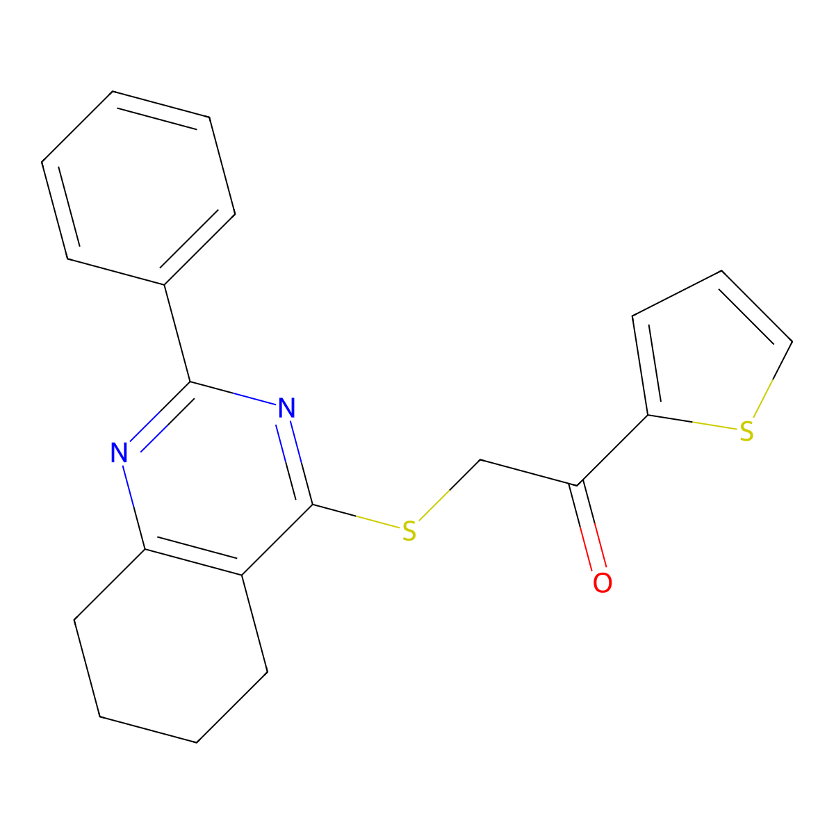 2-((2-Phenyl-5,6,7,8-tetrahydroquinazolin-4-yl)thio)-1-(thiophen-2-yl)ethanone molecular structure, CAS 654635-98-0