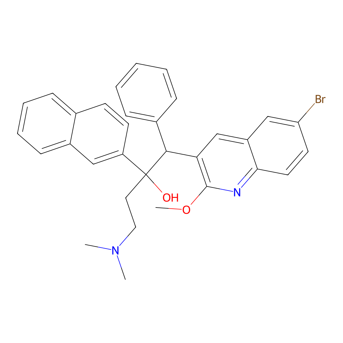 (1R,2S)-1-(6-bromo-2-methoxyquinolin-3-yl)-4-(dimethylamino)-2-(naphthalen-2-yl)-1-phenylbutan-2-ol molecular structure, CAS 654653-95-9