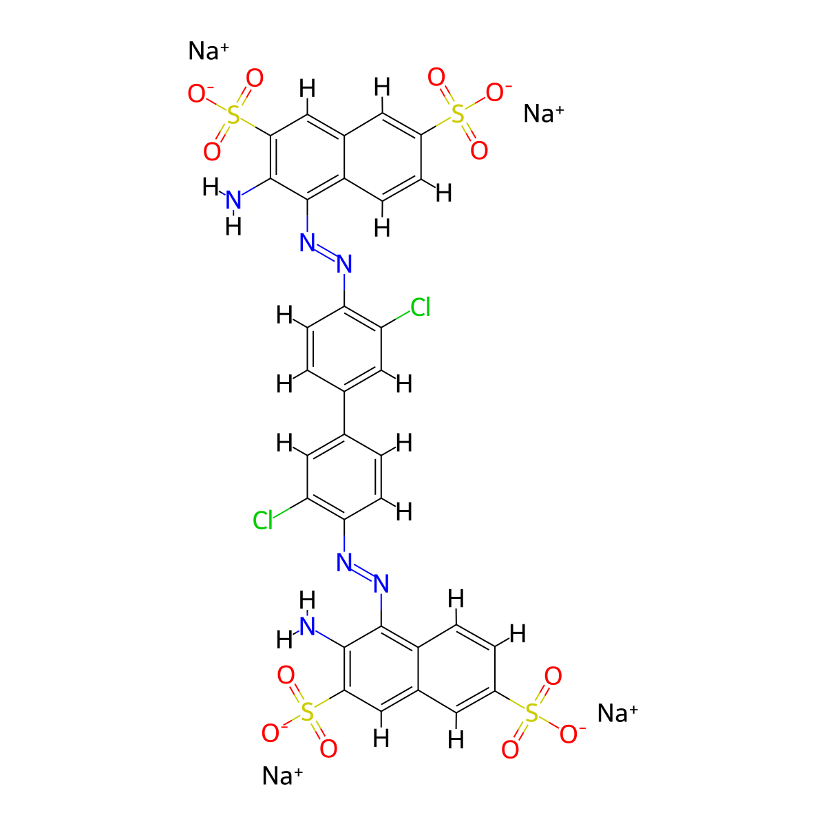 2,7-Naphthalenedisulfonic acid, 4,4'-[(3,3'-dichloro[1,1'-biphenyl]-4,4'-diyl)bis(2,1-diazenediyl)]bis[3-amino-, sodium salt (1:4) molecular structure, CAS 6548-29-4