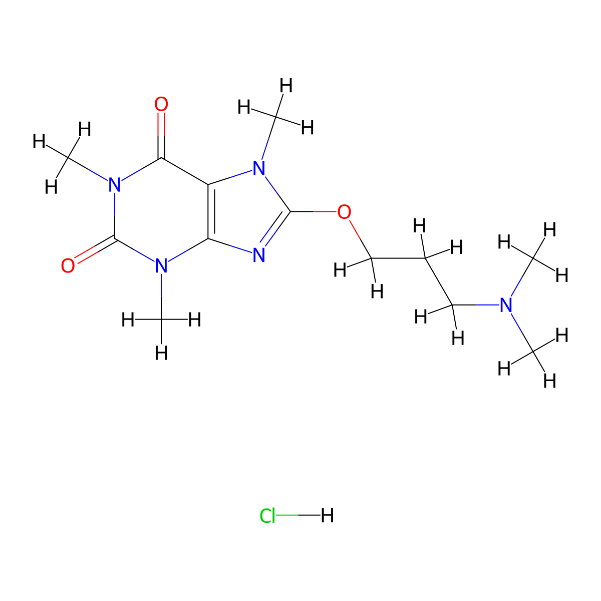 1H-Purine-2,6-dione, 3,7-dihydro-8-(3-(dimethylamino)propoxy)-1,3,7-trimethyl-, monohydrochloride molecular structure, CAS 65497-24-7