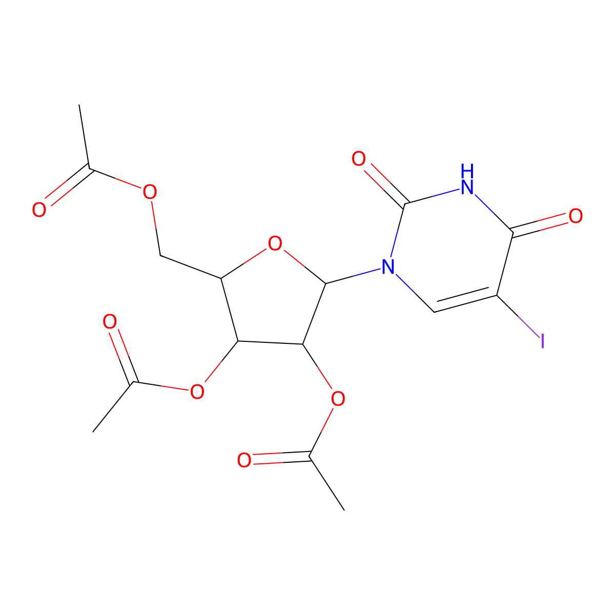 (2R,3R,4R,5R)-2-(acetoxymethyl)-5-(5-iodo-2,4-dioxo-3,4-dihydropyrimidin-1(2H)-yl)tetrahydrofuran-3,4-diyl diacetate molecular structure, CAS 65499-40-3