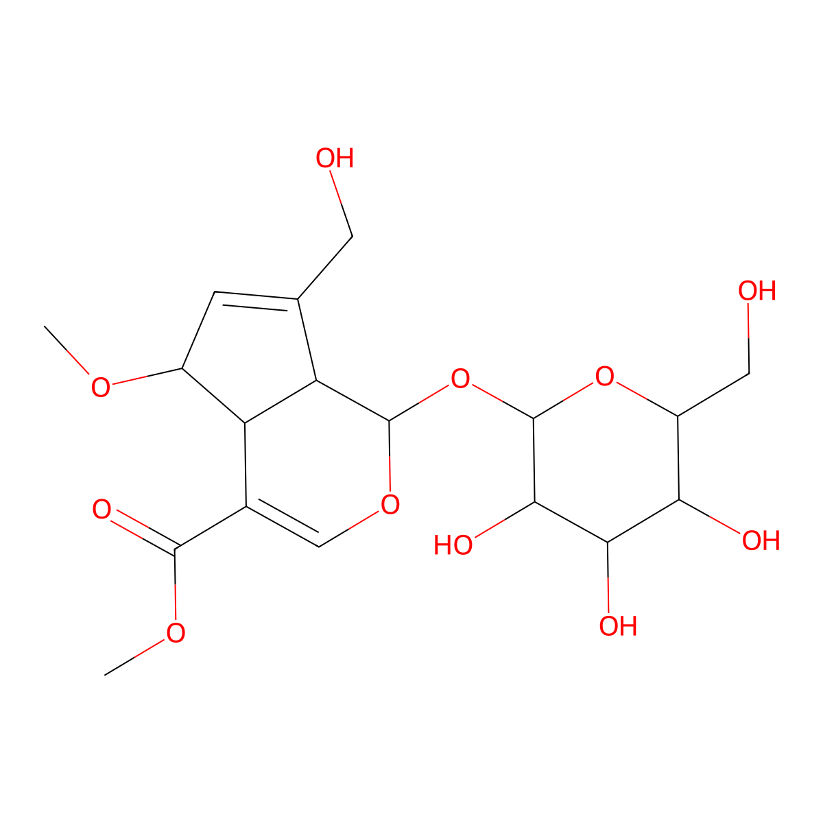 Methyl (1S,4aS,5R,7aS)-1-(beta-D-glucopyranosyloxy)-1,4a,5,7a-tetrahydro-7-(hydroxymethyl)-5-methoxycyclopenta[c]pyran-4-carboxylate molecular structure, CAS 655225-30-2