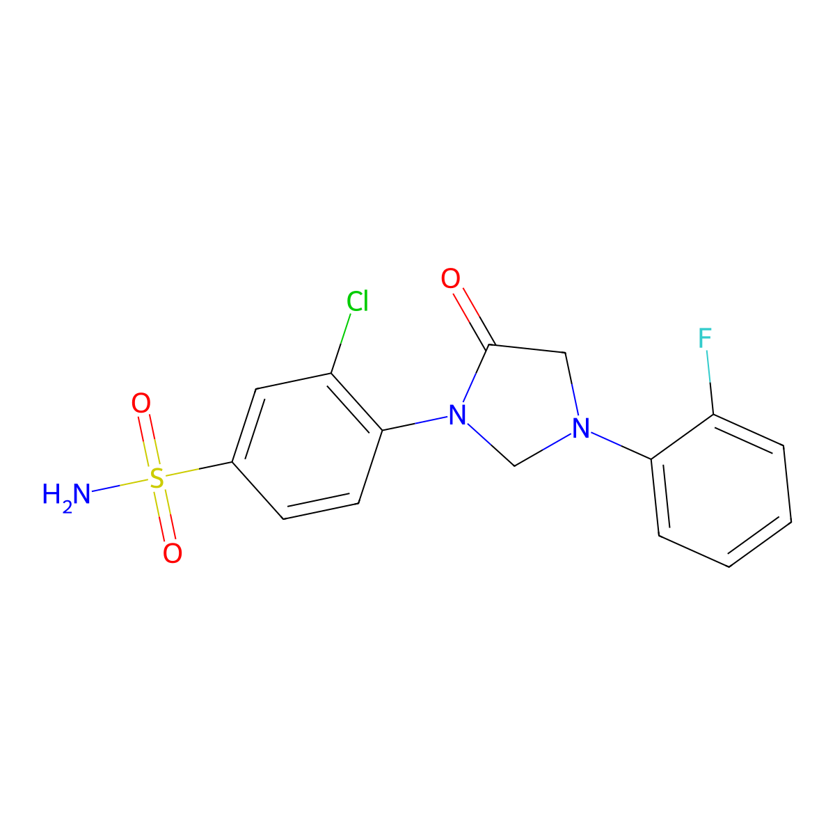 5-Imidizolidinone, 1-(o-chloro-p-sulfamoylphenyl)-3-(o-fluorophenyl)- molecular structure, CAS 65614-99-5