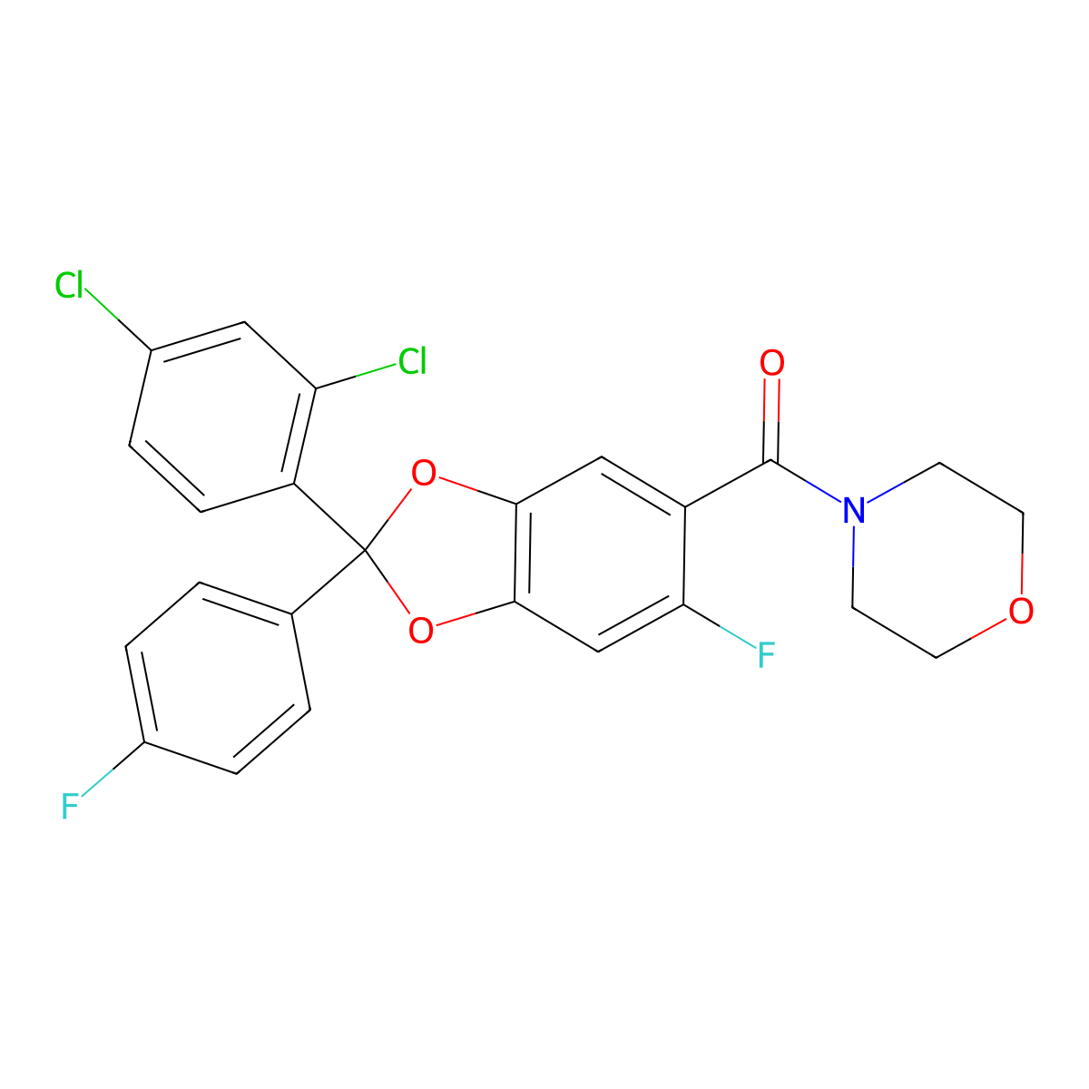[2-(2,4-Dichloro-phenyl)-6-fluoro-2-(4-fluoro-phenyl)-benzo[1,3]dioxol-5-yl]-morpholin-4-yl-methanone molecular structure, CAS 656804-72-7