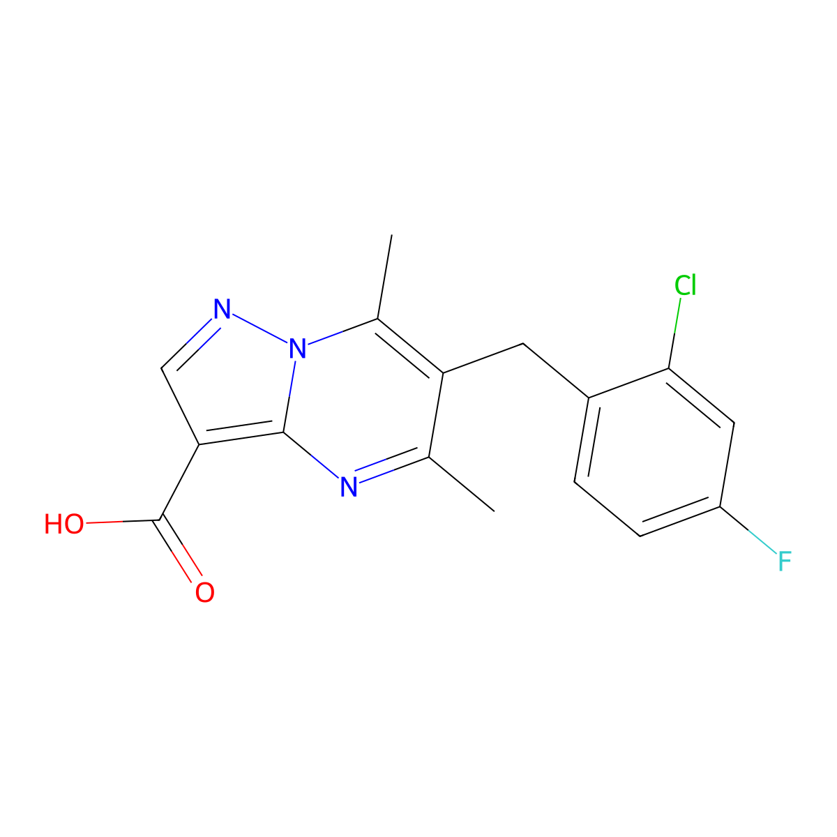 6-(2-Chloro-4-fluorobenzyl)-5,7-dimethylpyrazolo[1,5-a]pyrimidine-3-carboxylic acid molecular structure, CAS 656817-42-4