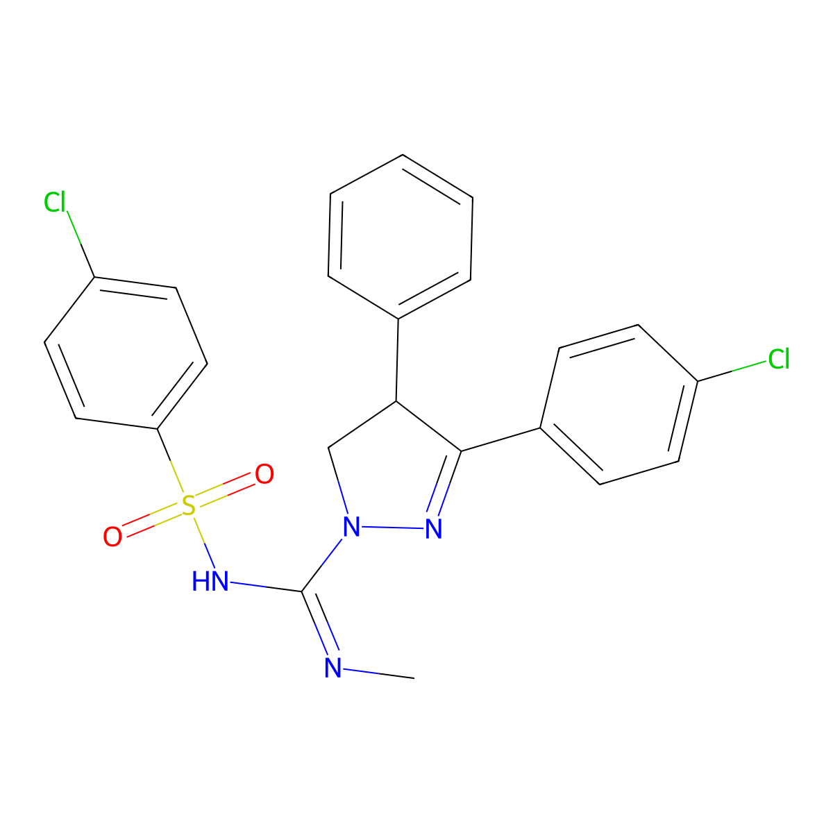 (R)-3-(4-Chlorophenyl)-N-((4-chlorophenyl)sulfonyl)-N'-methyl-4-phenyl-4,5-dihydro-1H-pyrazole-1-carboximidamide molecular structure, CAS 656827-86-0