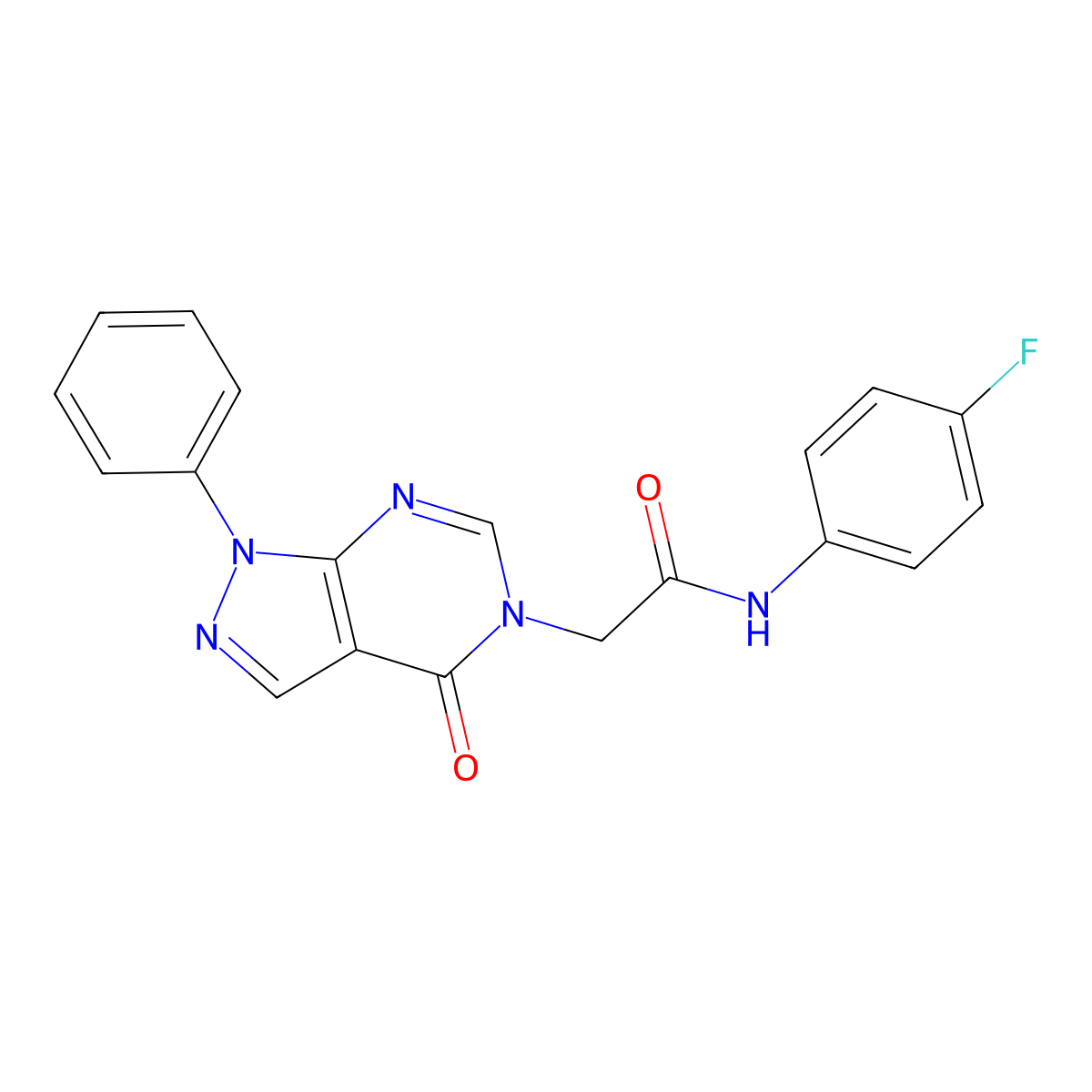N-(4-fluorophenyl)-2-(4-oxo-1-phenylpyrazolo[3,4-d]pyrimidin-5-yl)acetamide molecular structure, CAS 656831-81-1