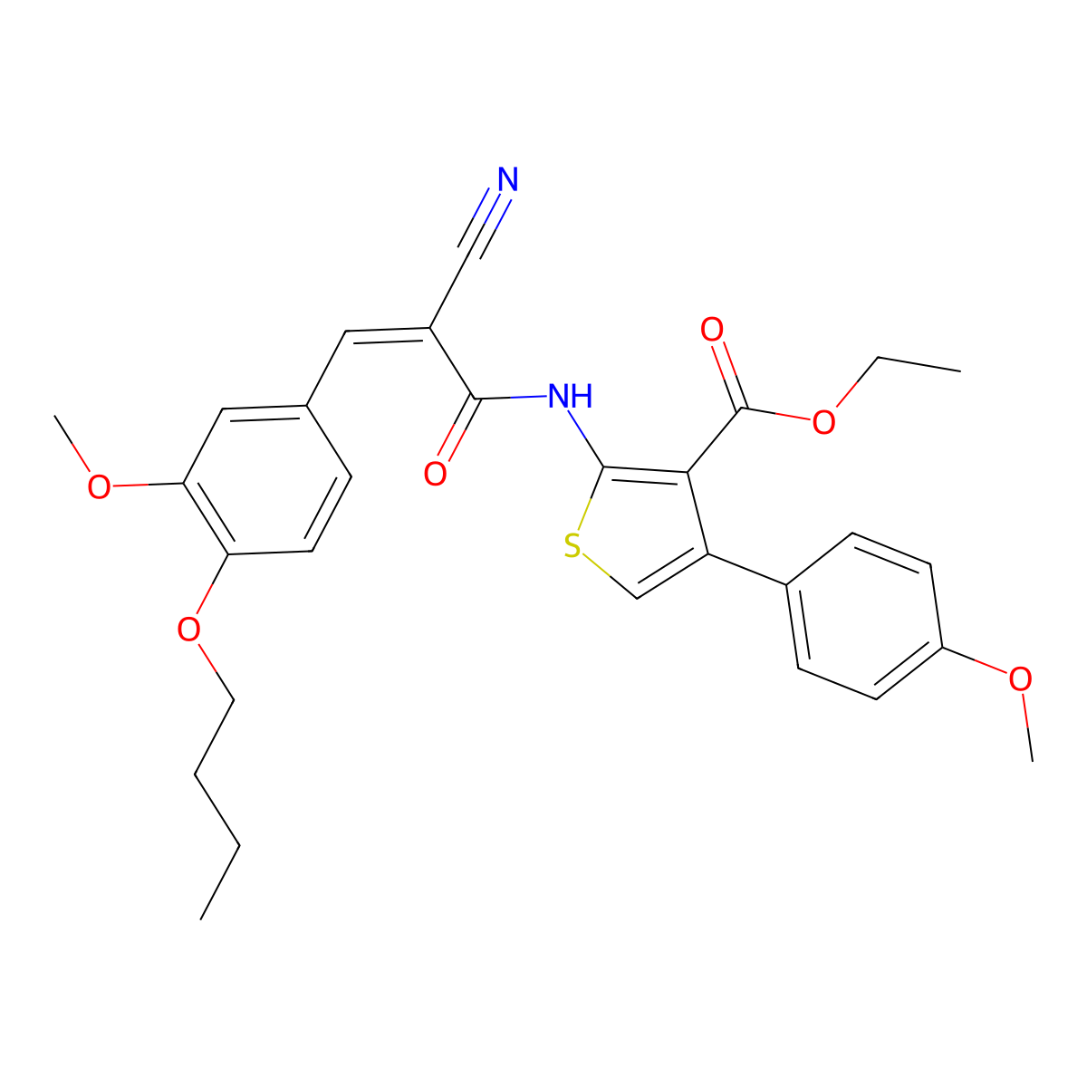 Ethyl 2-{[3-(4-butoxy-3-methoxyphenyl)-2-cyanoacryloyl]amino}-4-(4-methoxyphenyl)thiophene-3-carboxylate molecular structure, CAS 6570-96-3