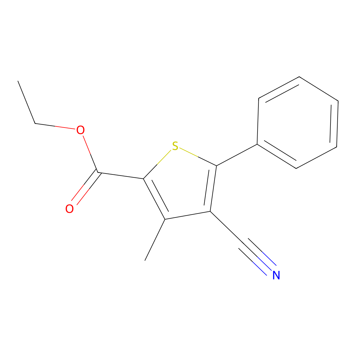Ethyl 4-cyano-3-methyl-5-phenyl-2-thiophenecarboxylate molecular structure, CAS 65762-84-7