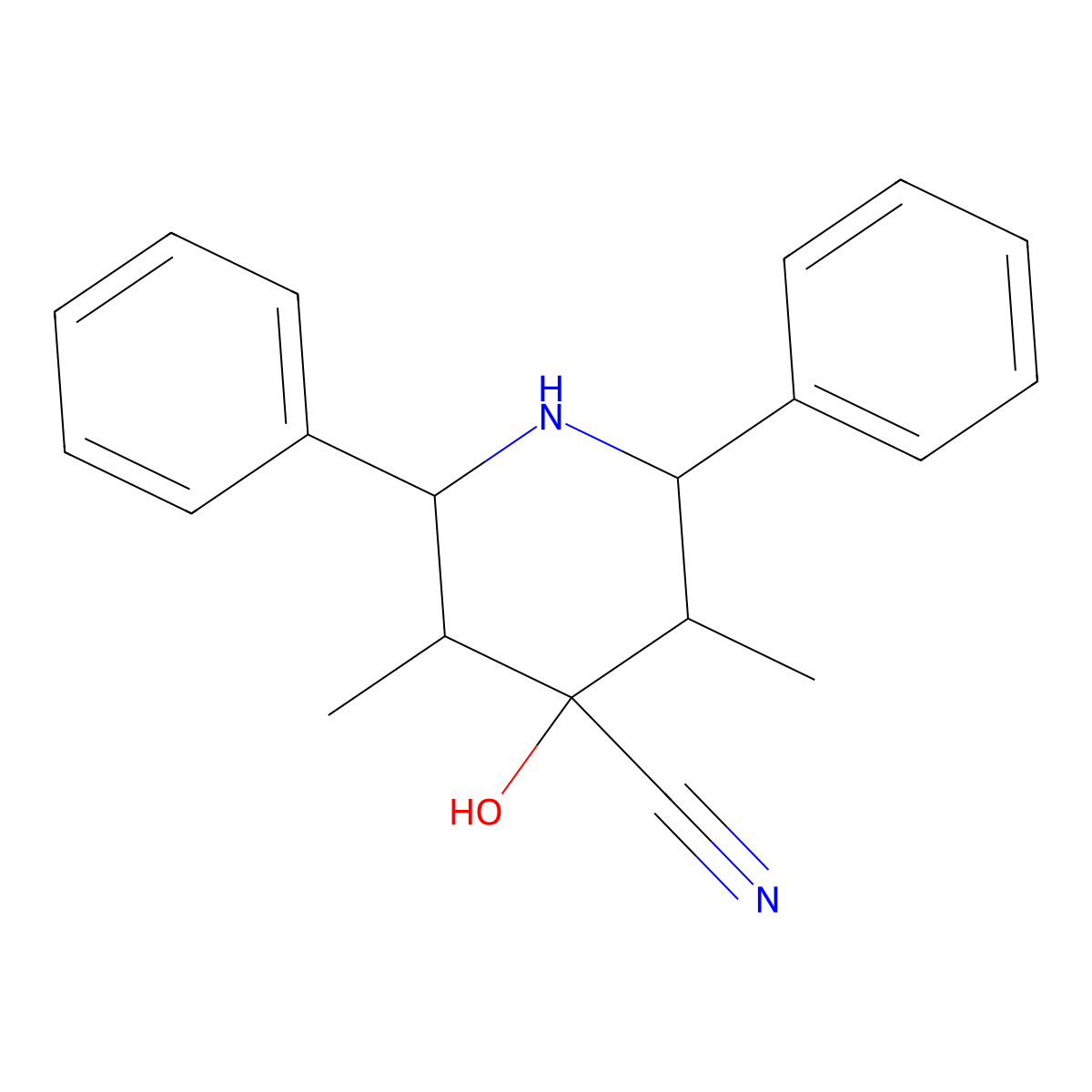 4-Hydroxy-3,5-dimethyl-2,6-diphenylpiperidine-4-carbonitrile molecular structure, CAS 65834-04-0