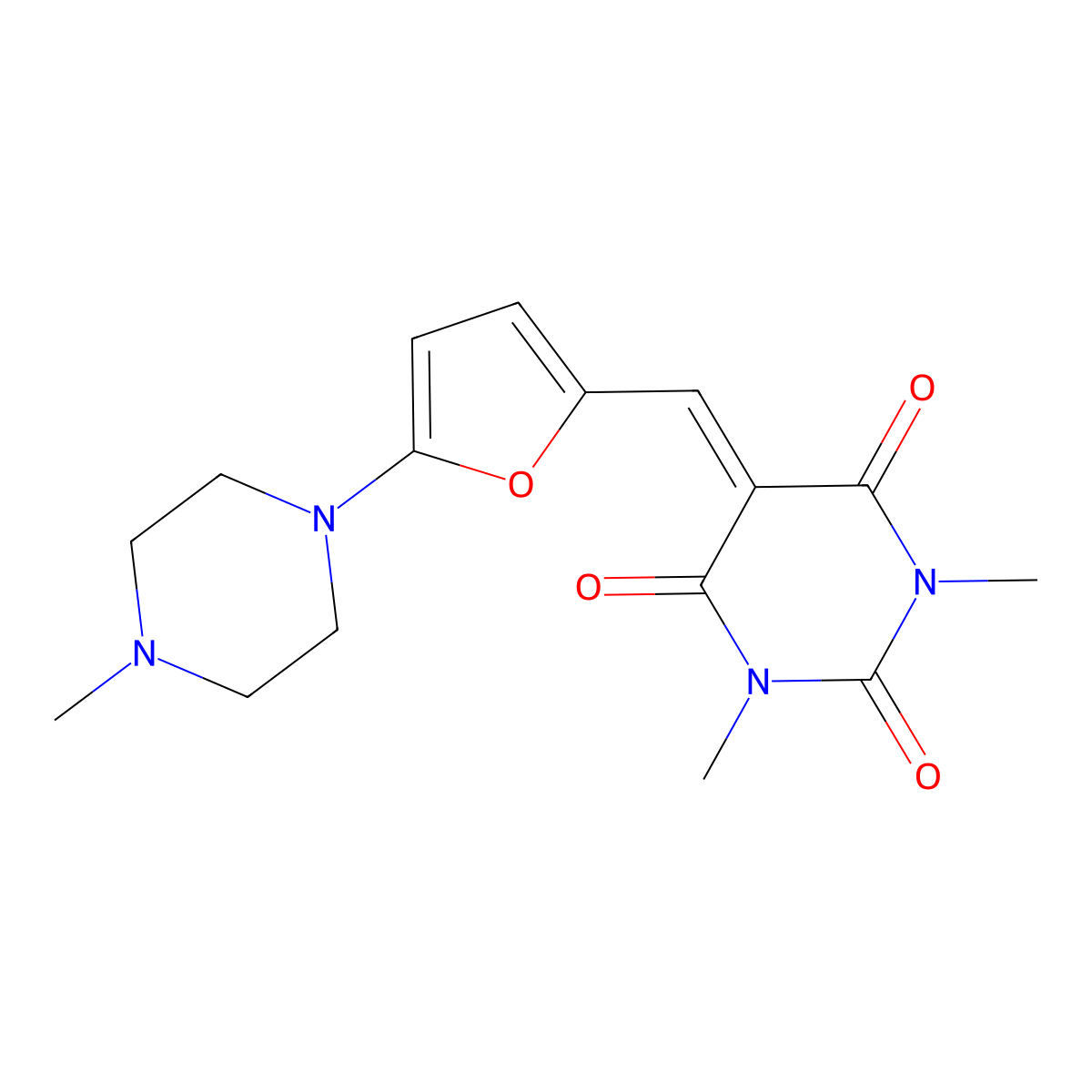 1,3-dimethyl-5-{[5-(4-methylpiperazin-1-yl)furan-2-yl]methylidene}pyrimidine-2,4,6(1H,3H,5H)-trione molecular structure, CAS 6584-17-4