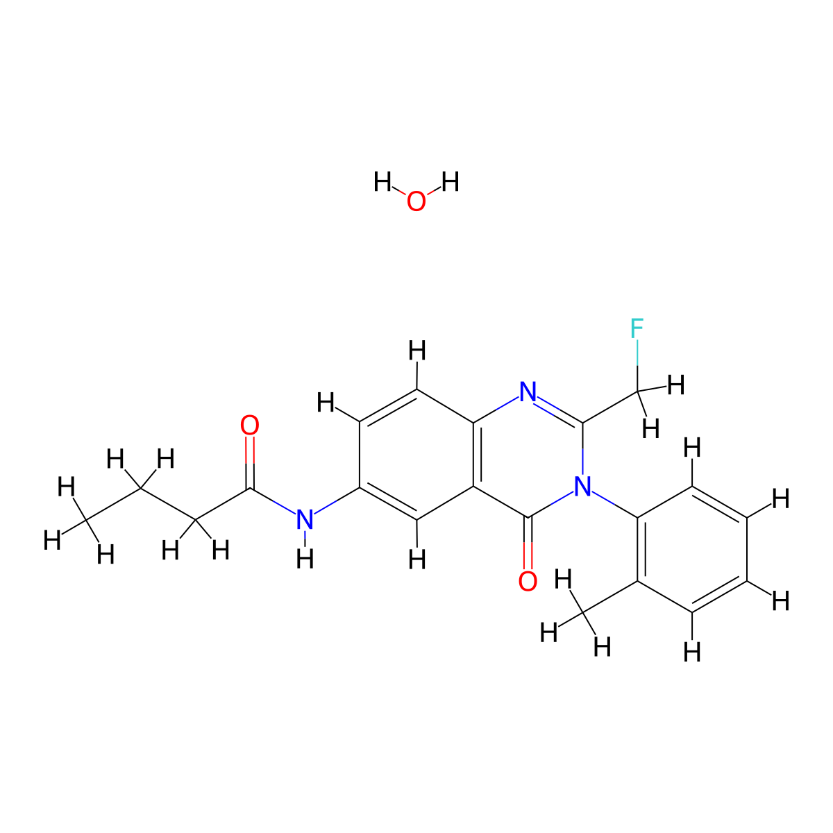 Butanamide, N-(2-(fluoromethyl)-3,4-dihydro-3-(2-methylphenyl)-4-oxo-6-quinazolinyl)-, hydrate molecular structure, CAS 65872-81-3