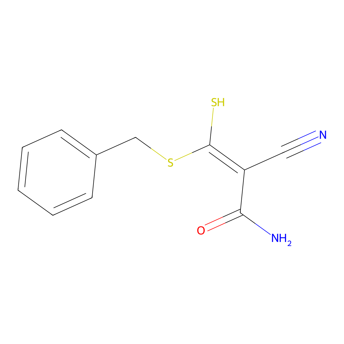 2-Propenamide, 2-cyano-3-mercapto-3-[(phenylmethyl)thio]- molecular structure, CAS 65882-52-2