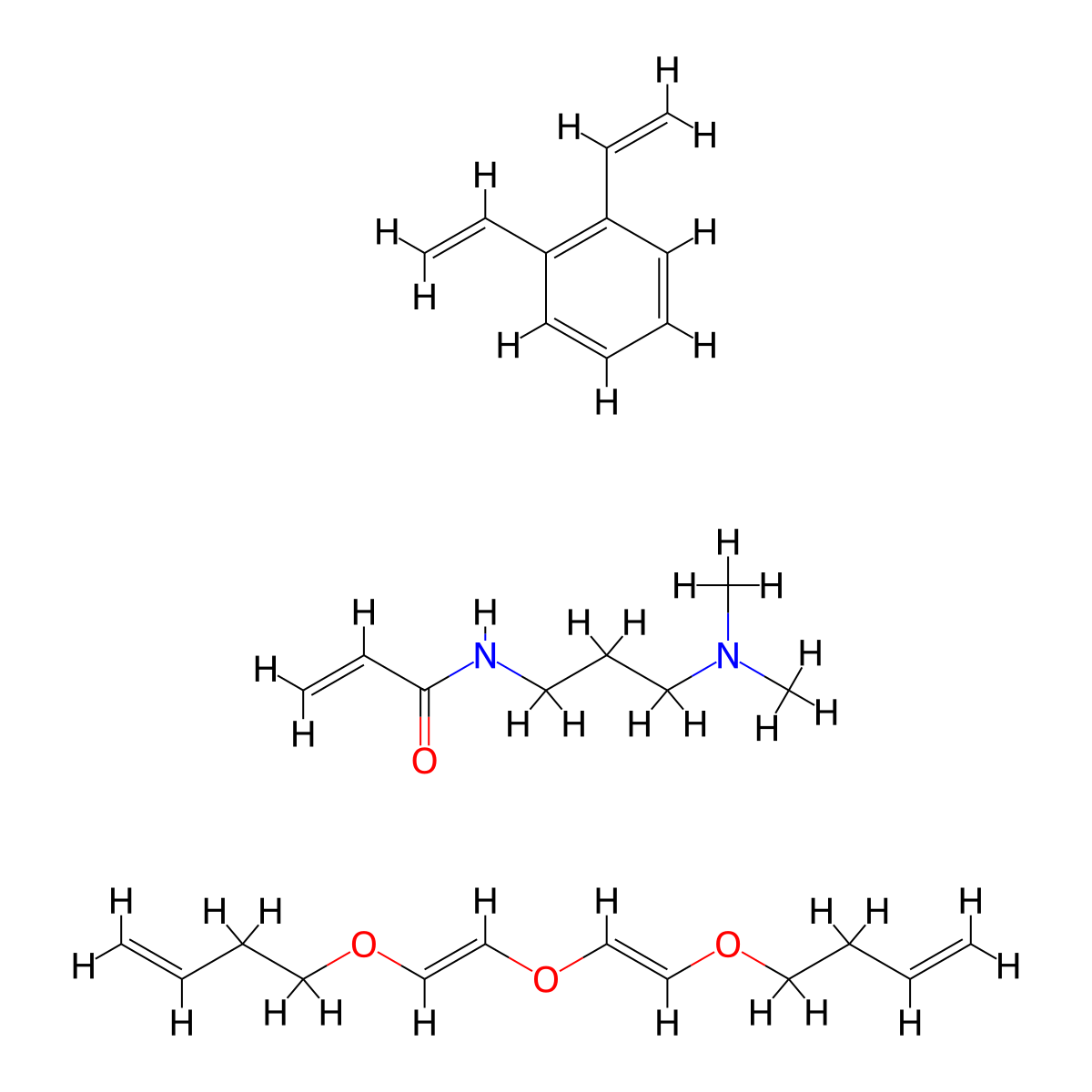 1,2-bis(ethenyl)benzene;4-[(E)-2-[(E)-2-but-3-enoxyethenoxy]ethenoxy]but-1-ene;N-[3-(dimethylamino)propyl]prop-2-enamide molecular structure, CAS 65899-87-8
