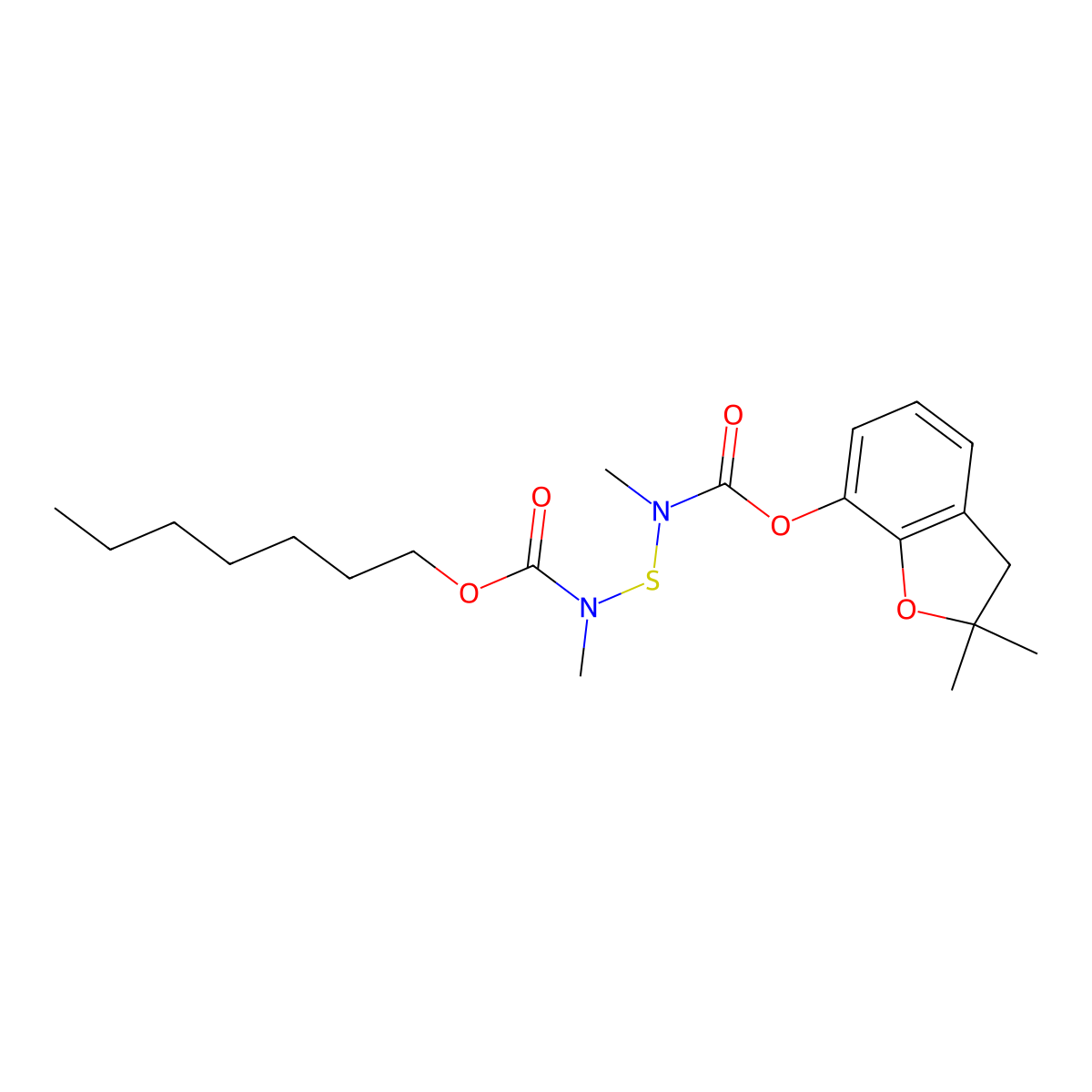 Benzofuran, 2,3-dihydro-2,2-dimethyl-7-(N-(N-methyl-N-heptyloxycarbonylaminothio)-N-methylcarbamoyloxy)- molecular structure, CAS 65907-32-6