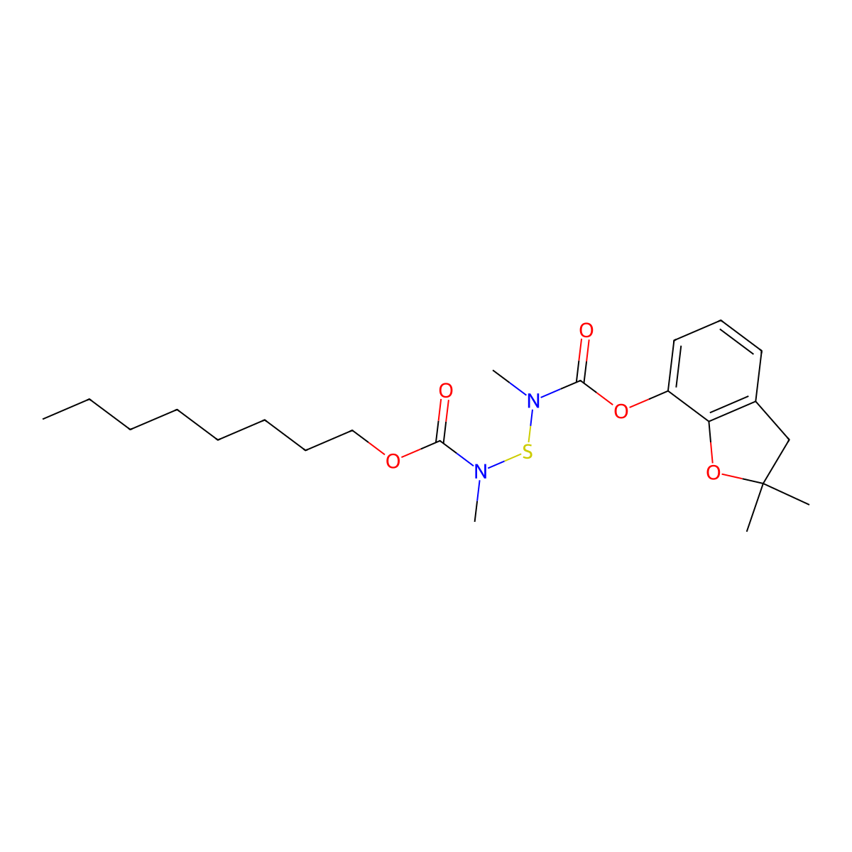 Benzofuran, 2,3-dihydro-2,2-dimethyl-7-(N-(N-methyl-N-octyloxycarbonylaminothio)-N-methylcarbamoyloxy)- molecular structure, CAS 65907-33-7
