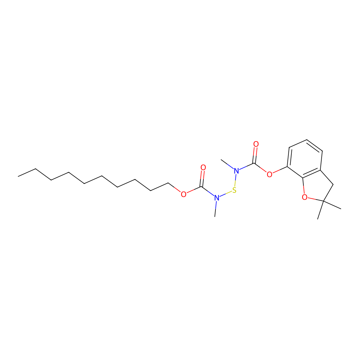 Benzofuran, 2,3-dihydro-2,2-dimethyl-7-(N-(N-methyl-N-decyloxycarbonylaminothio)-N-methylcarbamoyloxy)- molecular structure, CAS 65907-34-8