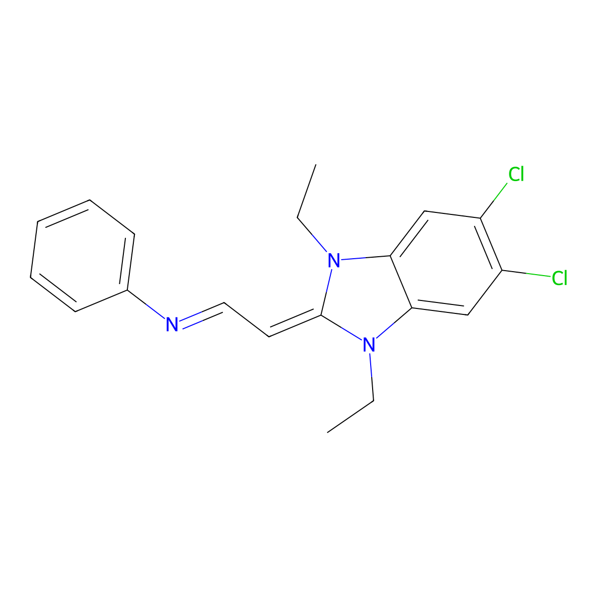 N-[(1E)-2-(5,6-dichloro-1,3-diethyl-1,3-dihydro-2H-benzimidazol-2-ylidene)ethylidene]aniline molecular structure, CAS 65907-67-7
