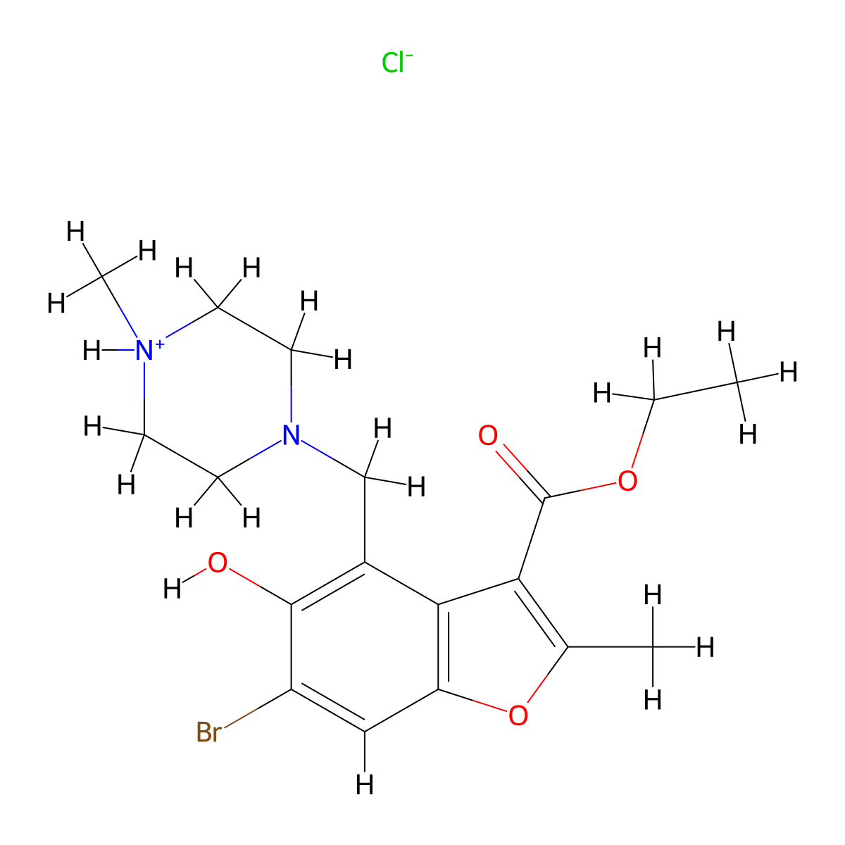 3-Benzofurancarboxylic acid, 6-bromo-5-hydroxy-2-methyl-4-((4-methyl-1-piperazinyl)methyl)-, ethyl ester, hydrochloride molecular structure, CAS 65919-84-8