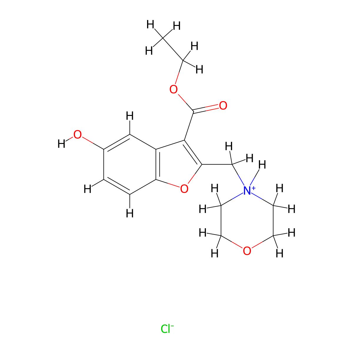 3-Benzofurancarboxylic acid, 5-hydroxy-2-(morpholinomethyl)-, ethyl ester, hydrochloride molecular structure, CAS 65919-88-2