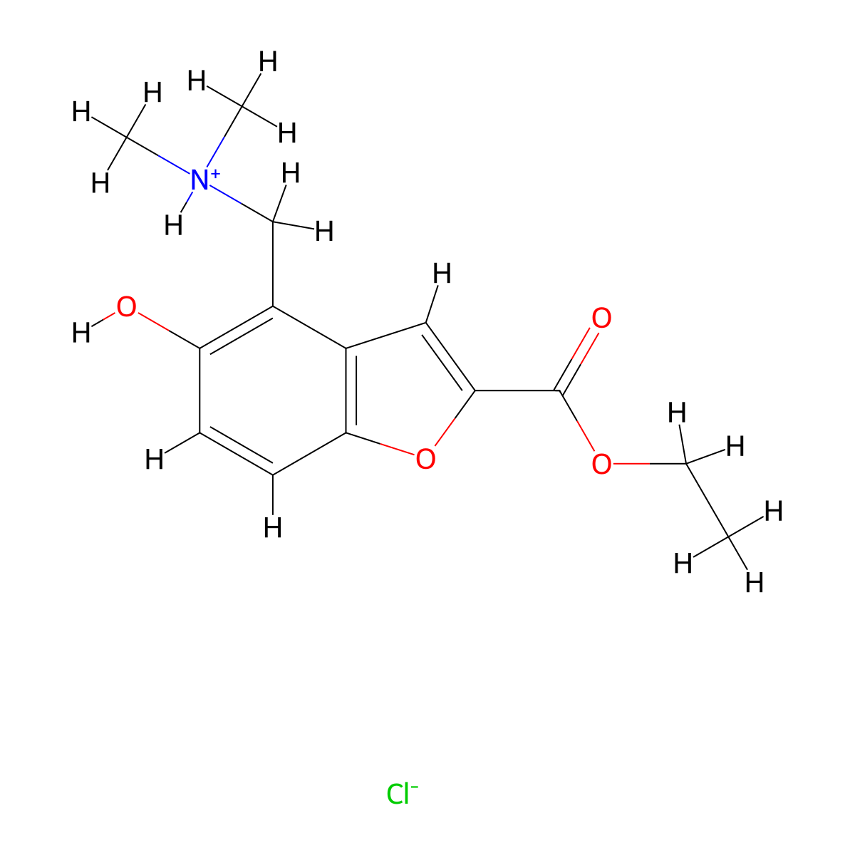 2-Benzofurancarboxylic acid, 4-((dimethylamino)methyl)-5-hydroxy-, ethyl ester, hydrochloride molecular structure, CAS 65919-90-6