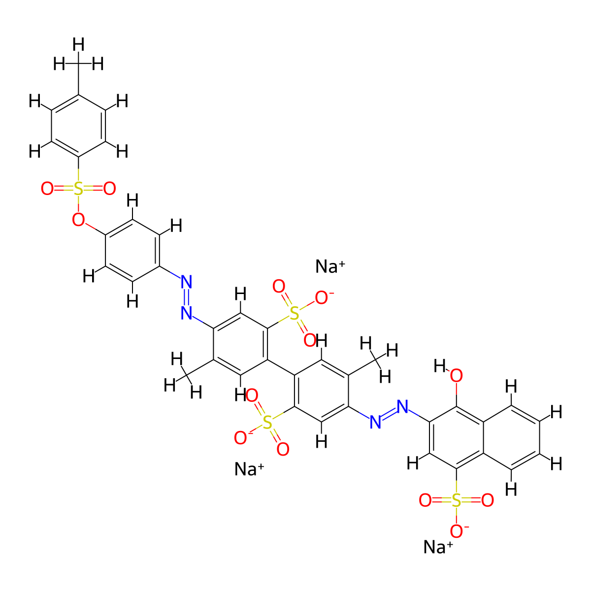 (1,1'-Biphenyl)-2,2'-disulfonic acid, 4-(2-(1-hydroxy-4-sulfo-2-naphthalenyl)diazenyl)-5,5'-dimethyl-4'-(2-(4-(((4-methylphenyl)sulfonyl)oxy)phenyl)diazenyl)-, sodium salt (1:3) molecular structure, CAS 6598-62-5
