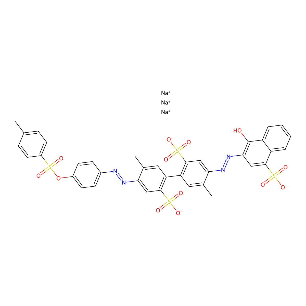 (1,1'-Biphenyl)-2,2'-disulfonic acid, 4-(2-(1-hydroxy-4-sulfo-2-naphthalenyl)diazenyl)-5,5'-dimethyl-4'-(2-(4-(((4-methylphenyl)sulfonyl)oxy)phenyl)diazenyl)-, sodium salt (1:3) molecular structure, CAS 6598-62-5