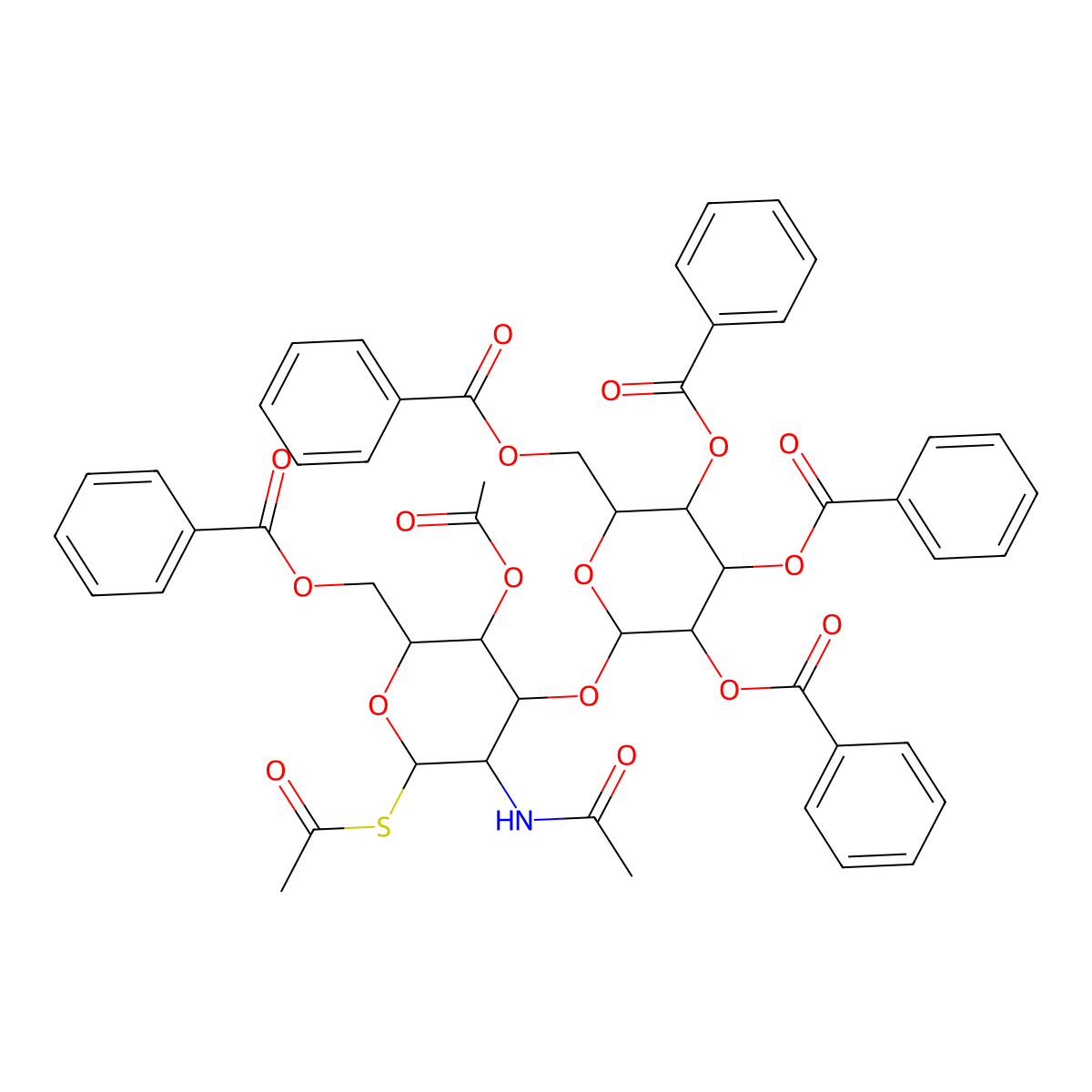 Acetyl 2-acetamido-4-O-acetyl-6-O-benzoyl-2-deoxy-3-O-(2,3,4,6-tetra-O-benzoyl-b-D-galactopyranosyl)-a-D-thiogalactopyranoside molecular structure, CAS 660391-80-0