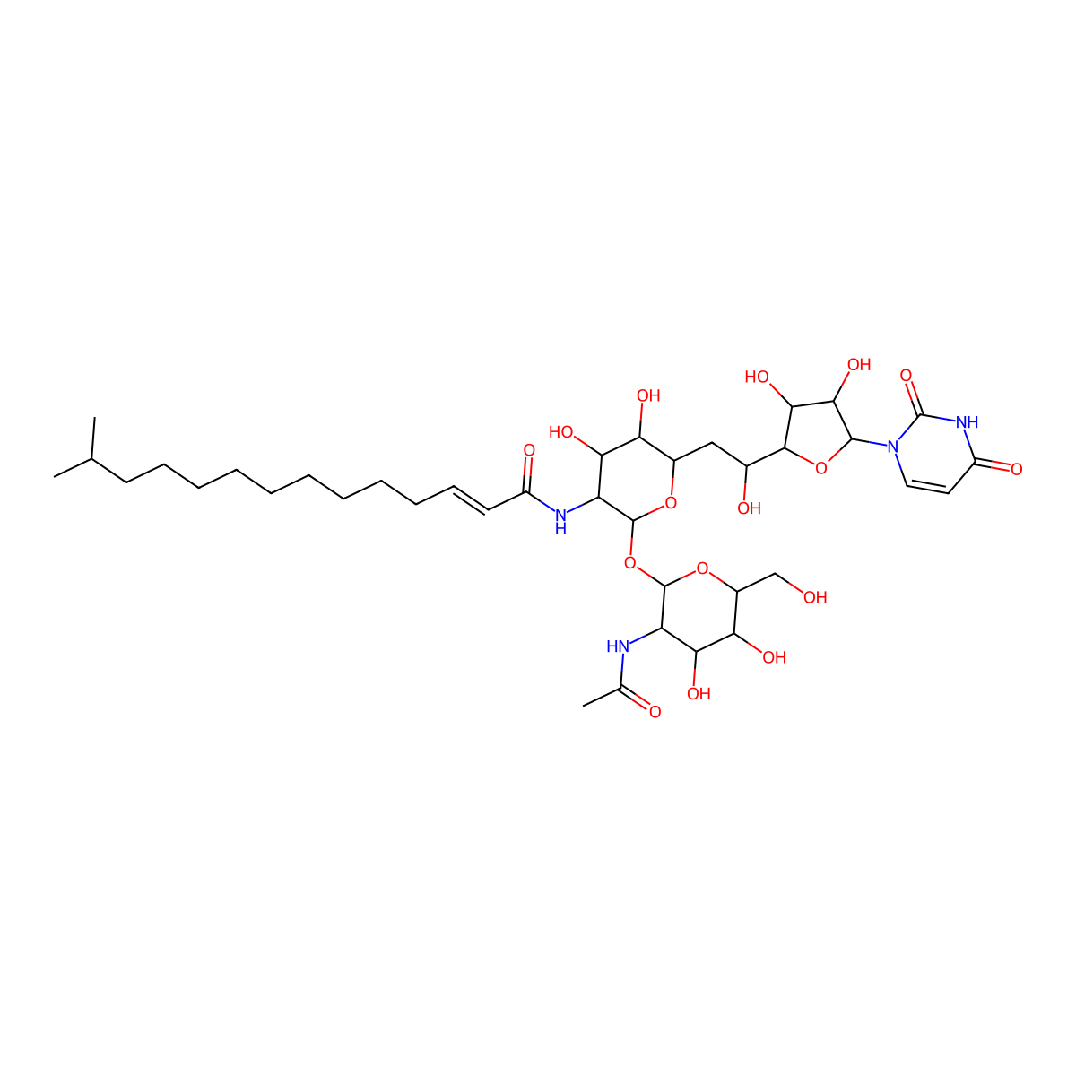 (E)-N-[2-[3-acetamido-4,5-dihydroxy-6-(hydroxymethyl)oxan-2-yl]oxy-6-[2-[5-(2,4-dioxopyrimidin-1-yl)-3,4-dihydroxyoxolan-2-yl]-2-hydroxyethyl]-4,5-dihydroxyoxan-3-yl]-13-methyltetradec-2-enamide molecular structure, CAS 66054-36-2