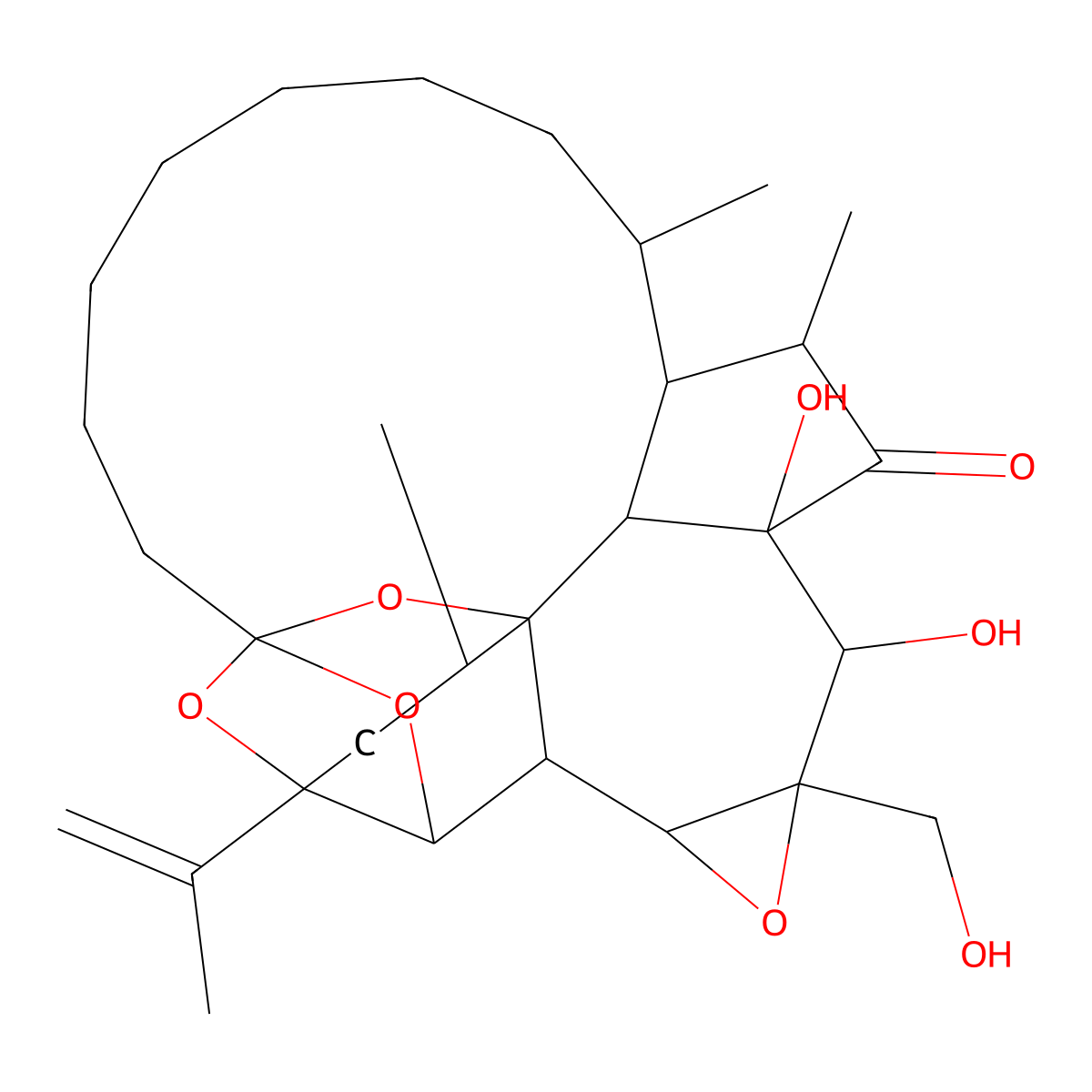 16H-1,6:2,6-Diepoxybenz[7,8]oxireno[5,6]azuleno[8,1-bc]oxacyclotridecin-16-one, eicosahydro-16a,17-dihydroxy-17a-(hydroxymethyl)-4,14,15-trimethyl-2-(1-methylethenyl)-, (1R,2R,4R,4aR,6S,14R,14aR,15S,16aS,16bR,17S,17aR,18aS,18bS)- molecular structure, CAS 66107-38-8