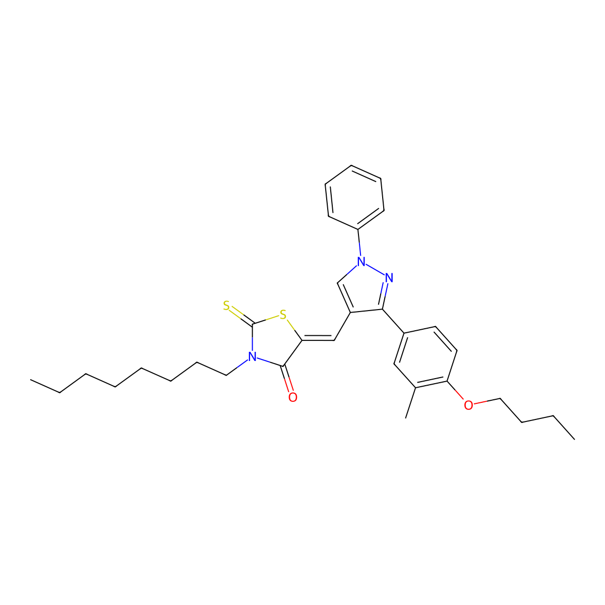 5-{[3-(4-Butoxy-3-methylphenyl)-1-phenyl-1H-pyrazol-4-yl]methylidene}-3-octyl-2-sulfanylidene-1,3-thiazolidin-4-one molecular structure, CAS 6612-75-5