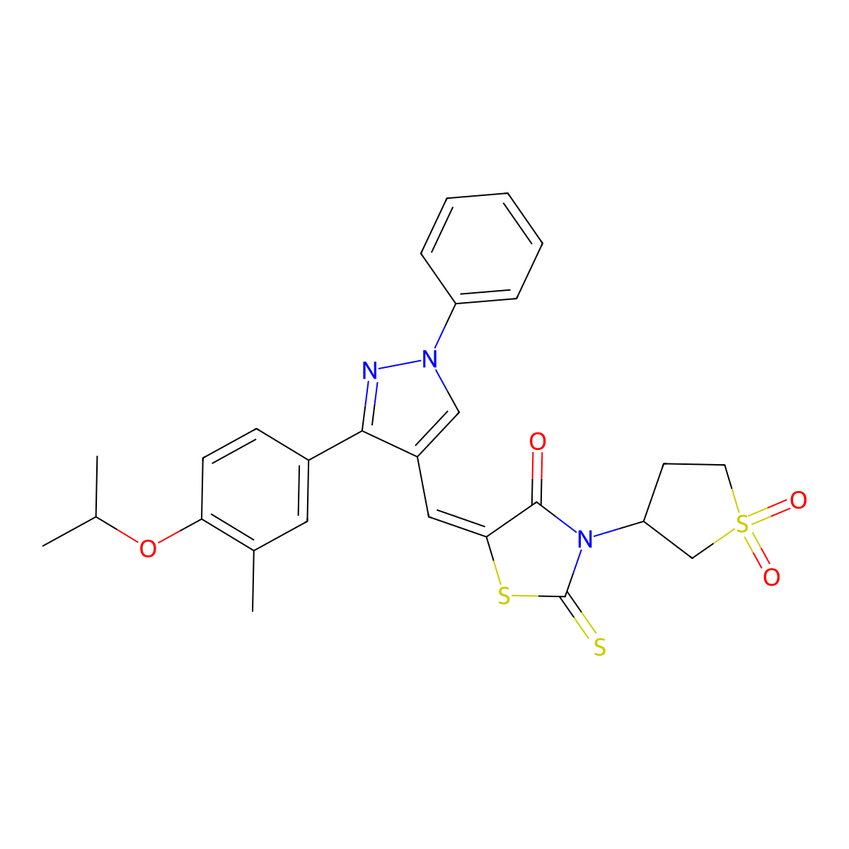 3-{5-[(3-{3-Methyl-4-[(propan-2-yl)oxy]phenyl}-1-phenyl-1H-pyrazol-4-yl)methylidene]-4-oxo-2-sulfanylidene-1,3-thiazolidin-3-yl}-1lambda~6~-thiolane-1,1-dione molecular structure, CAS 6613-23-6
