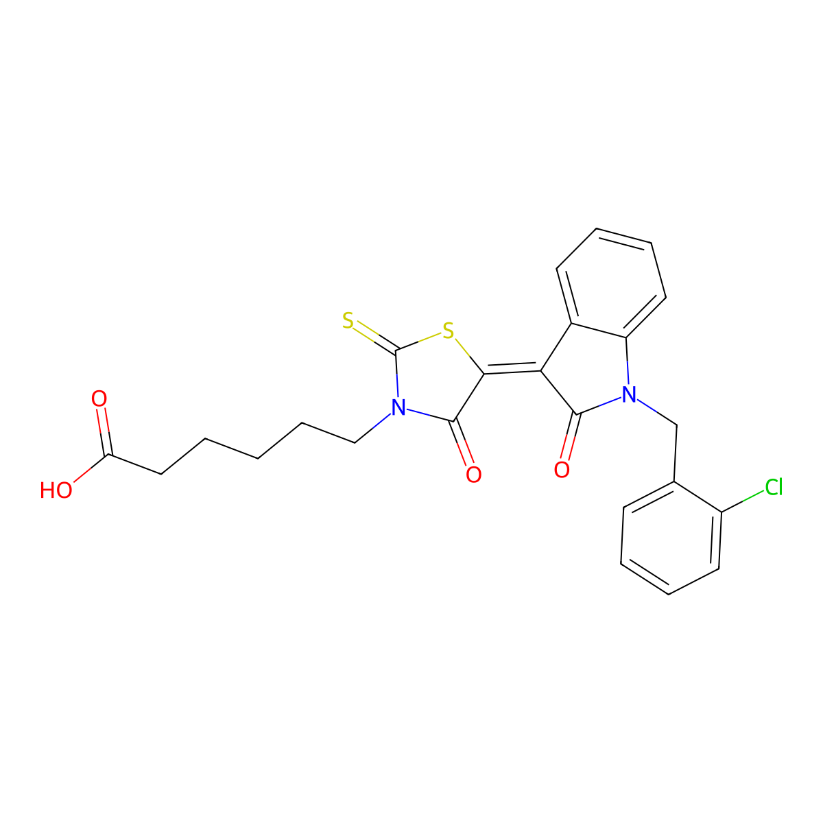 6-(5-{1-[(2-Chlorophenyl)methyl]-2-oxo-1,2-dihydro-3H-indol-3-ylidene}-4-oxo-2-sulfanylidene-1,3-thiazolidin-3-yl)hexanoic acid molecular structure, CAS 6613-84-9