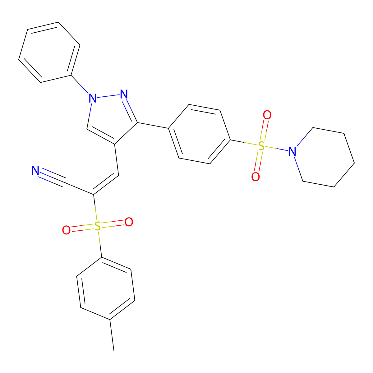 2-(4-Methylphenyl)sulfonyl-3-[1-phenyl-3-(4-piperidin-1-ylsulfonylphenyl)pyrazol-4-yl]prop-2-enenitrile molecular structure, CAS 6616-22-4