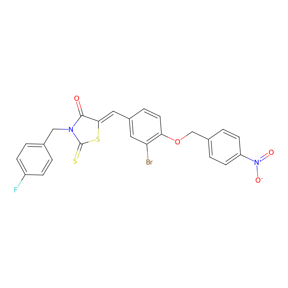 5-({3-Bromo-4-[(4-nitrophenyl)methoxy]phenyl}methylidene)-3-[(4-fluorophenyl)methyl]-2-sulfanylidene-1,3-thiazolidin-4-one molecular structure, CAS 6616-75-7