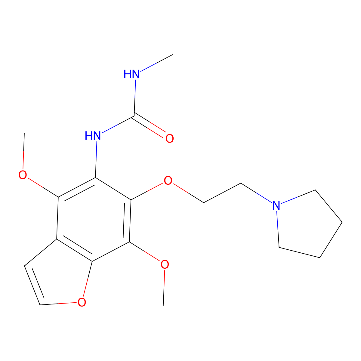 N-(4,7-Dimethoxy-6-(2-(1-pyrrolidinyl)ethoxy)-5-benzofuranyl)-N'-methylurea molecular structure, CAS 66203-00-7