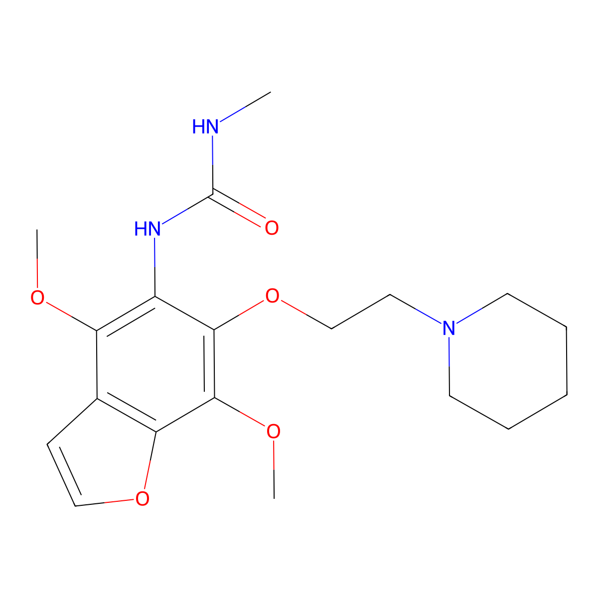 N-(4,7-Dimethoxy-6-(2-(1-piperidinyl)ethoxy)-5-benzofuranyl)-N'-methylurea molecular structure, CAS 66203-94-9