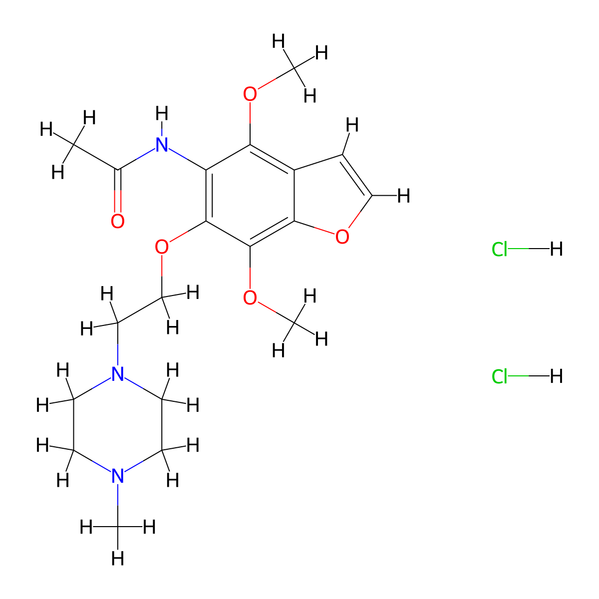 Acetamide, N-(4,7-dimethoxy-6-(2-(4-methyl-1-piperazinyl)ethoxy)-5-benzofuranyl)-, hydrochloride, hydrate (1:2:2.5) molecular structure, CAS 66204-01-1