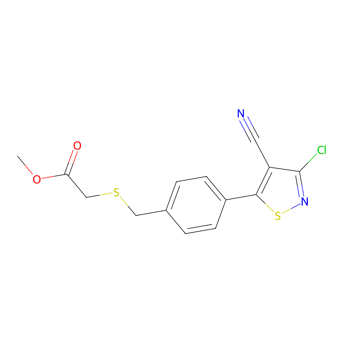 Methyl 2-{[4-(3-chloro-4-cyanoisothiazol-5-yl)benzyl]thio}acetate molecular structure, CAS 662138-31-0